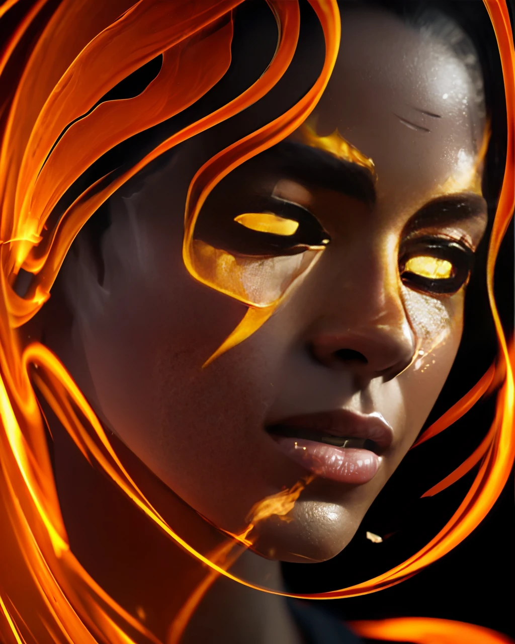 (masterpiece), ultra-realistic 3D animation, (lively and fiery pose: 1.2), burning flames, (glowing orange and yellow: 1.3), (charred and decaying environment: 0.8), (subtle cracks and fissures: 1.1), (turbulent smoke and ashes: 1.2), (unforgiving red lighting: 1.2), (dramatic close-up shots: 1.1), (deafening silence and muted sounds: 0.9)