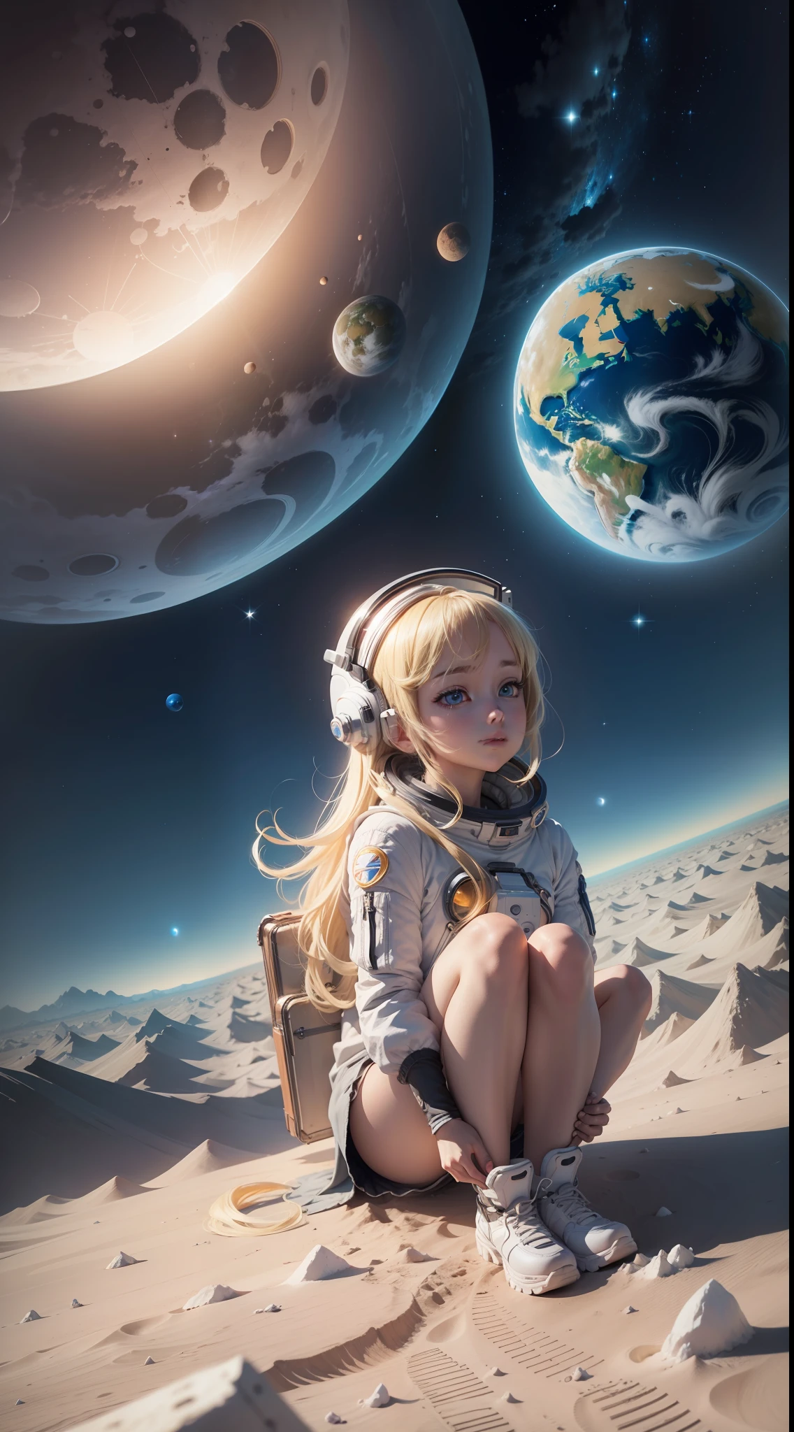 Blonde girl sitting on the ground on the moon looking at the earth in the sky, anime style, space --auto --s2
