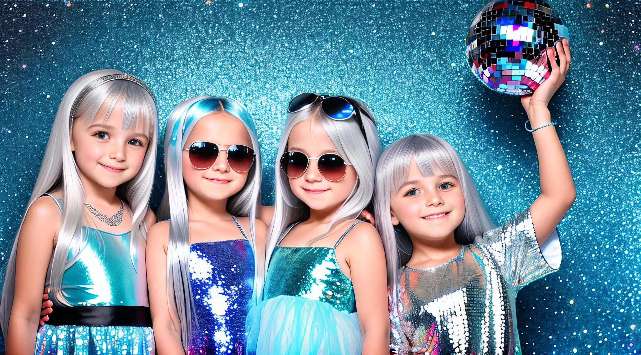 3 girlsRussian children with 10 years old, WITH LONG STRAIGHT HAIR, PORTRAIT STYLE, sunglasses holding a disco ball petroleum blue background, disco ball, silver hair, disc smile,