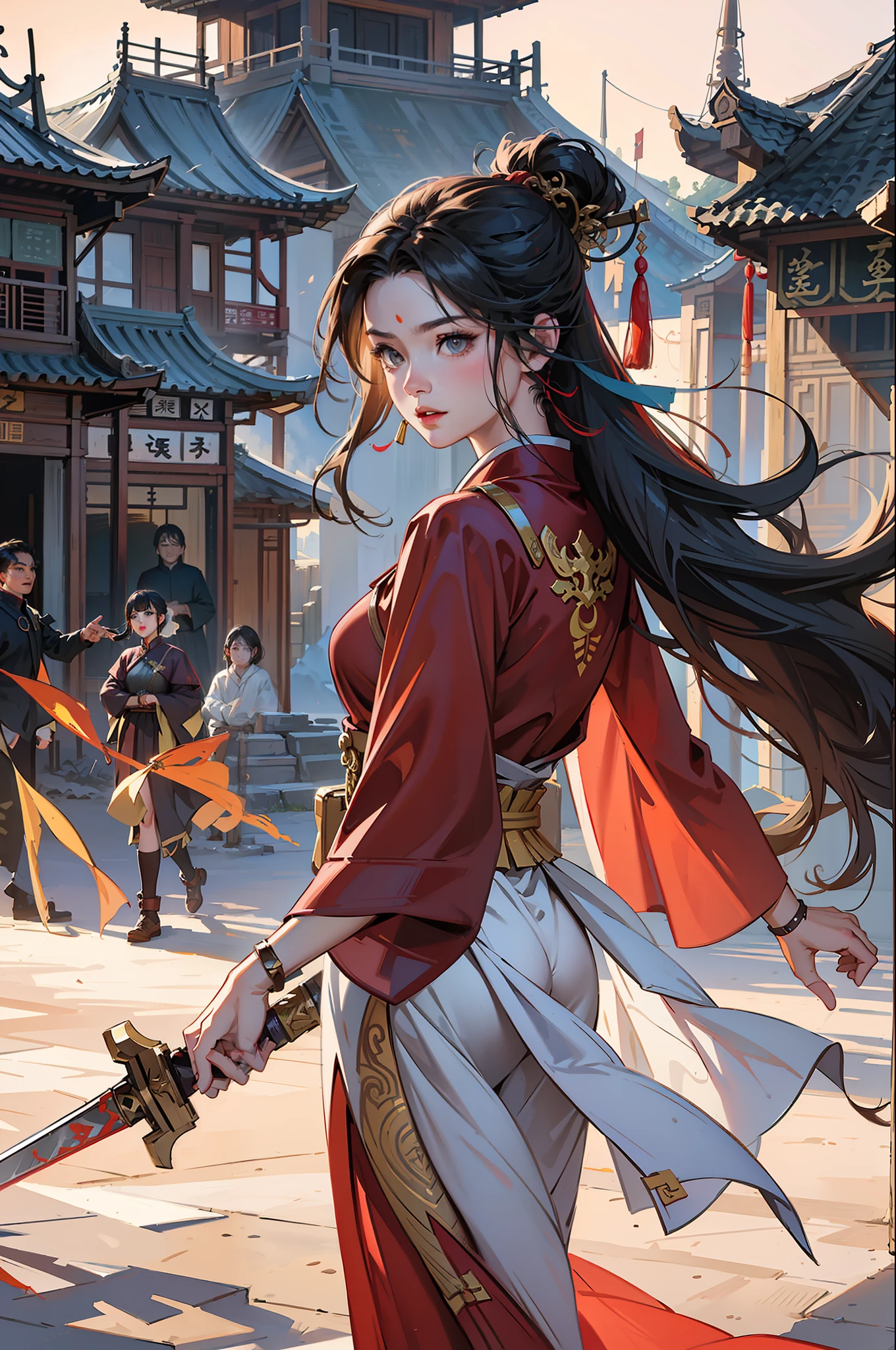 Chinese wind，ancient battlefield，An ancient Chinese female general、All over body、Sword in hand、Grim expression、Amazing facial features，Red robes，armor，，，boots，Yellow sand in the sky，Fleeing crowds，firelight，Game model， stunning lighting， C4D，OC rendering，Movie edge light，The light is delicate，a masterpiece，Ultra detailed，epic composition，Super HD，High Quality，maximum quality，32k