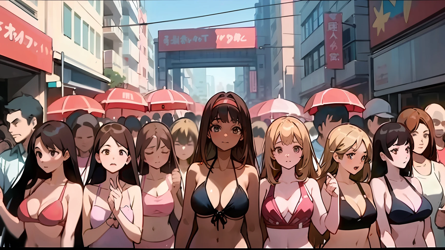 {{Teenage female, caucasian, hundreds of girls, thousands of girls, multiple girls, many girls, only girls, crowd shot}}, looking at viewer, hazel eyes, extremely detailed, brown hair, blonde hair, red hair, black hair, pink bikinis, matching bikinis, identical bikinis, crowd of girls, girls partying, happy, best quality, high quality, extremely detailed anime screencap