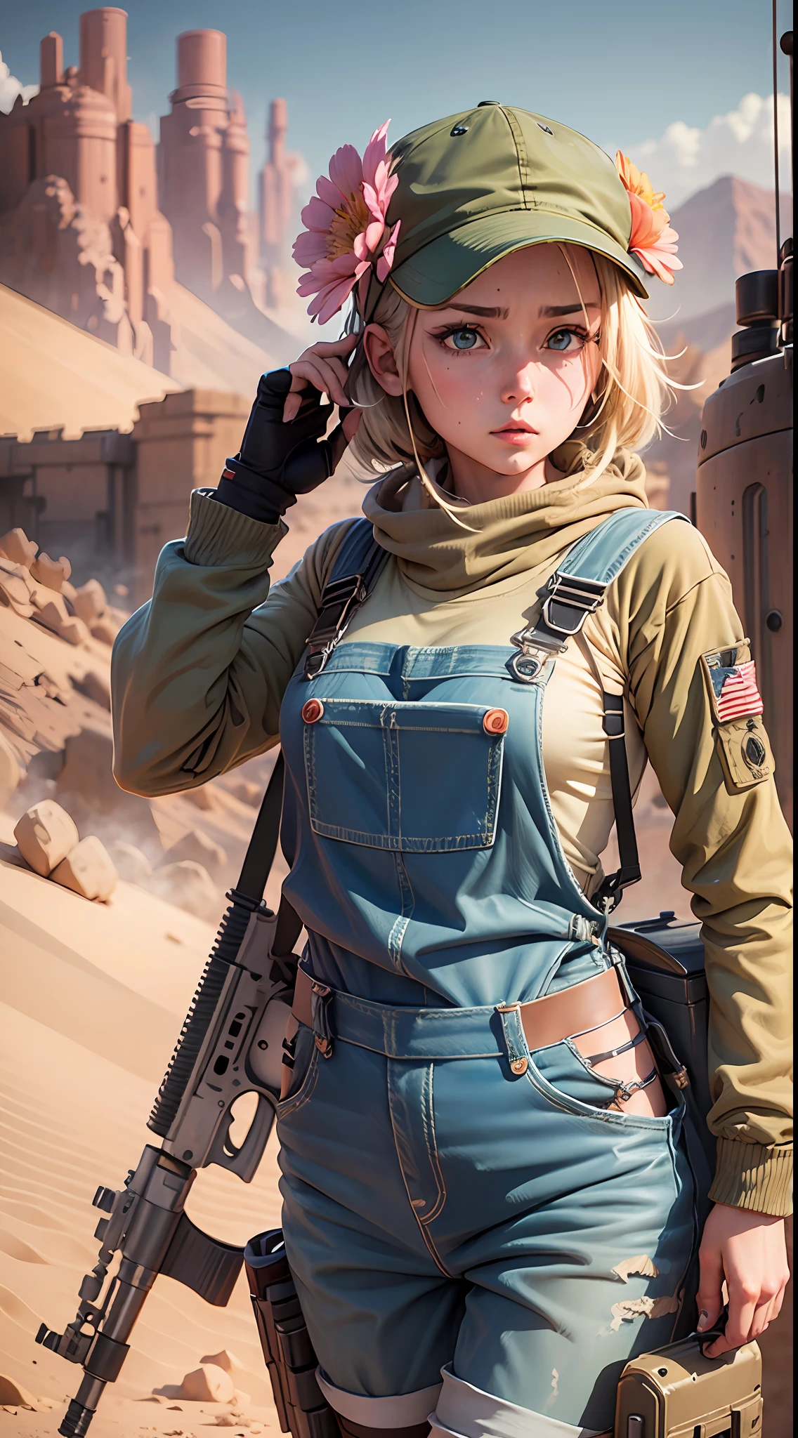 Girl with big machine gun, anime, futuristic, overalls, military, desert background, dusty, flower, specular light, sweat body, shiny gun, 4K --auto --s2