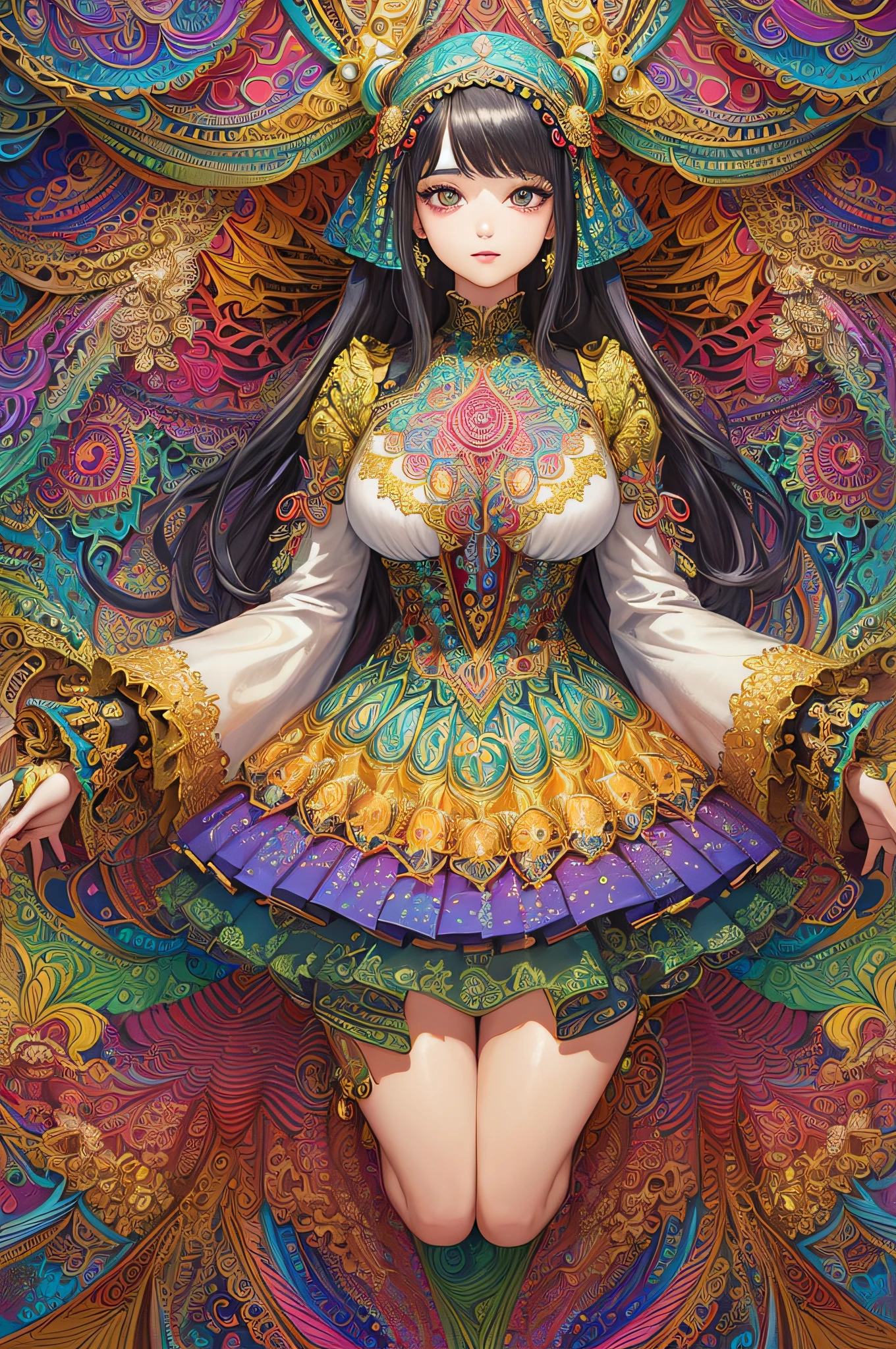 (masterpiece, top quality, best quality, official art, beautiful and aesthetic:1.2), (1girl:1.3), extremely detailed,(fractal art:1.2),colorful,highest detailed,(zentangle:1.2), (dynamic pose), (abstract background:1.5), (treditional dress:1.2), (shiny skin), (many colors:1.4), upper body