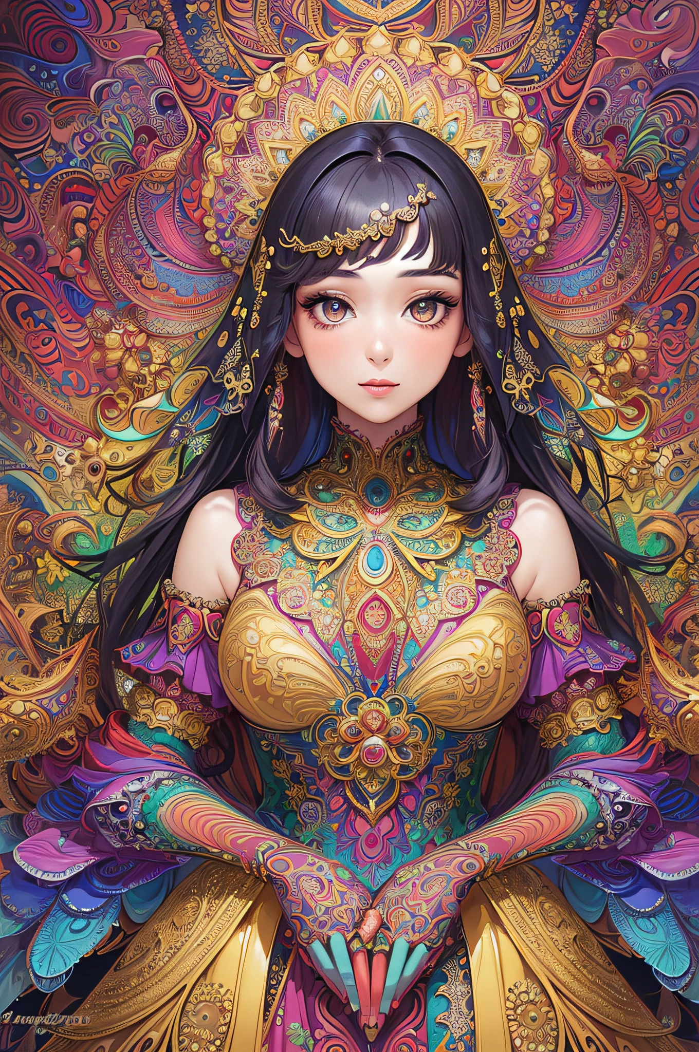 (masterpiece, top quality, best quality, official art, beautiful and aesthetic:1.2), (1girl:1.3), extremely detailed,(fractal art:1.2),colorful,highest detailed,(zentangle:1.2), (dynamic pose), (abstract background:1.5), (treditional dress:1.2), (shiny skin), (many colors:1.4), upper body