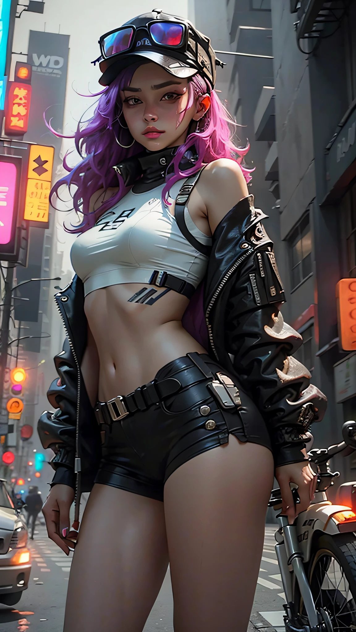 Beautiful woman medium hair, wearing cap, cyberpunk style short clothes