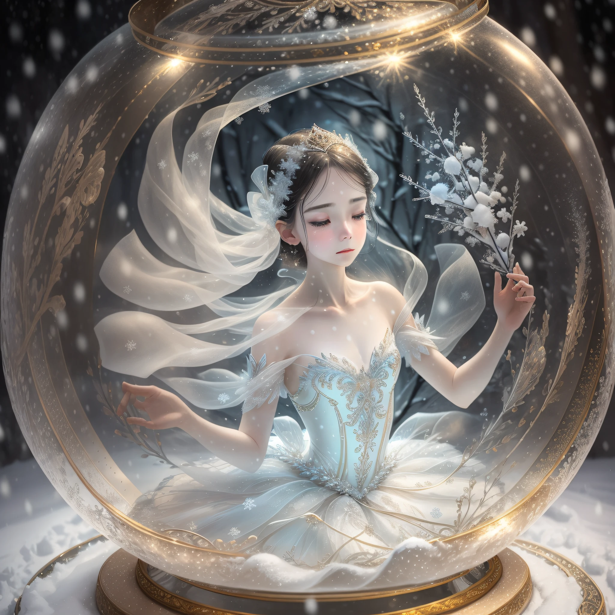 A graceful ballerina, delicate and ethereal, captured inside a snow globe, her tear-streaked face expressing profound sadness, her flowing tutu covered in shimmering snowflakes, evoking a bittersweet beauty; Sculpture, glass snow globe, intricate hand-painted details, --ar 1:1 --v 5