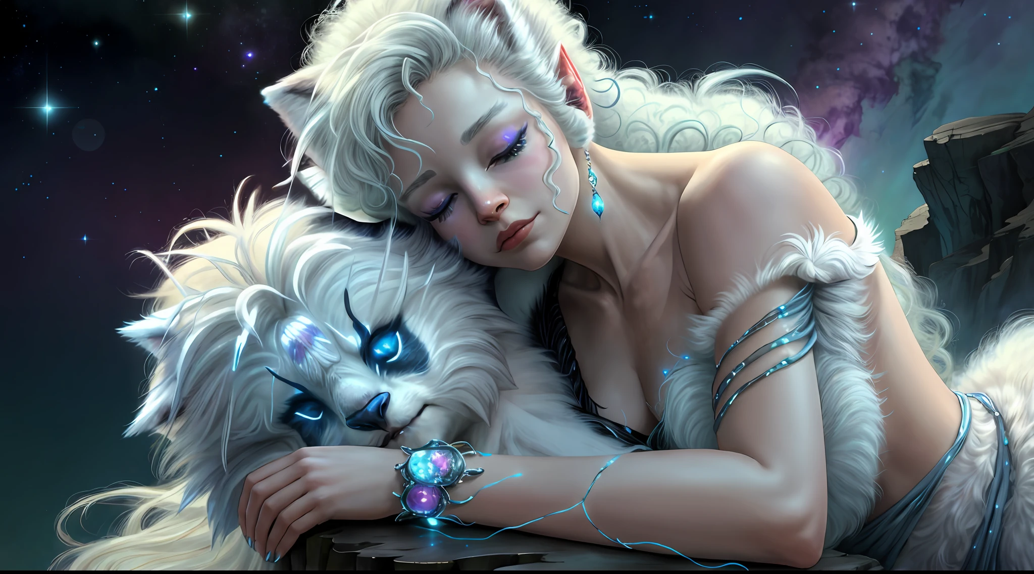 breathtaking masterpiece, best quality, highest quality, highly detailed, exquisite, award winning 8K digital painting of an ethereal and (incredibly beautiful female alien:1.4) with luminescent body parts that shimmer like stardust (lying gracefully on a steep cliff:1.2), casting a watchful gaze over (the galaxy:1.33), (a fluffy creature rests on her shoulder:1.8), intricate details, golden ratio, BaroqueAI, v0id3nergy, by Louis Royo