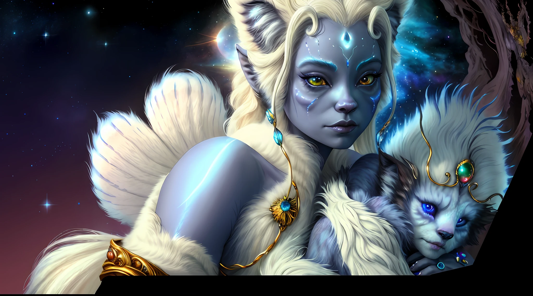 breathtaking masterpiece, best quality, highest quality, highly detailed, exquisite, award winning 8K digital painting of an ethereal and (incredibly beautiful female alien:1.4) with luminescent body parts that shimmer like stardust (lying gracefully on a steep cliff:1.2), casting a watchful gaze over (the galaxy:1.33), (a fluffy creature rests on her shoulder:1.8), intricate details, golden ratio, BaroqueAI, v0id3nergy, by Louis Royo