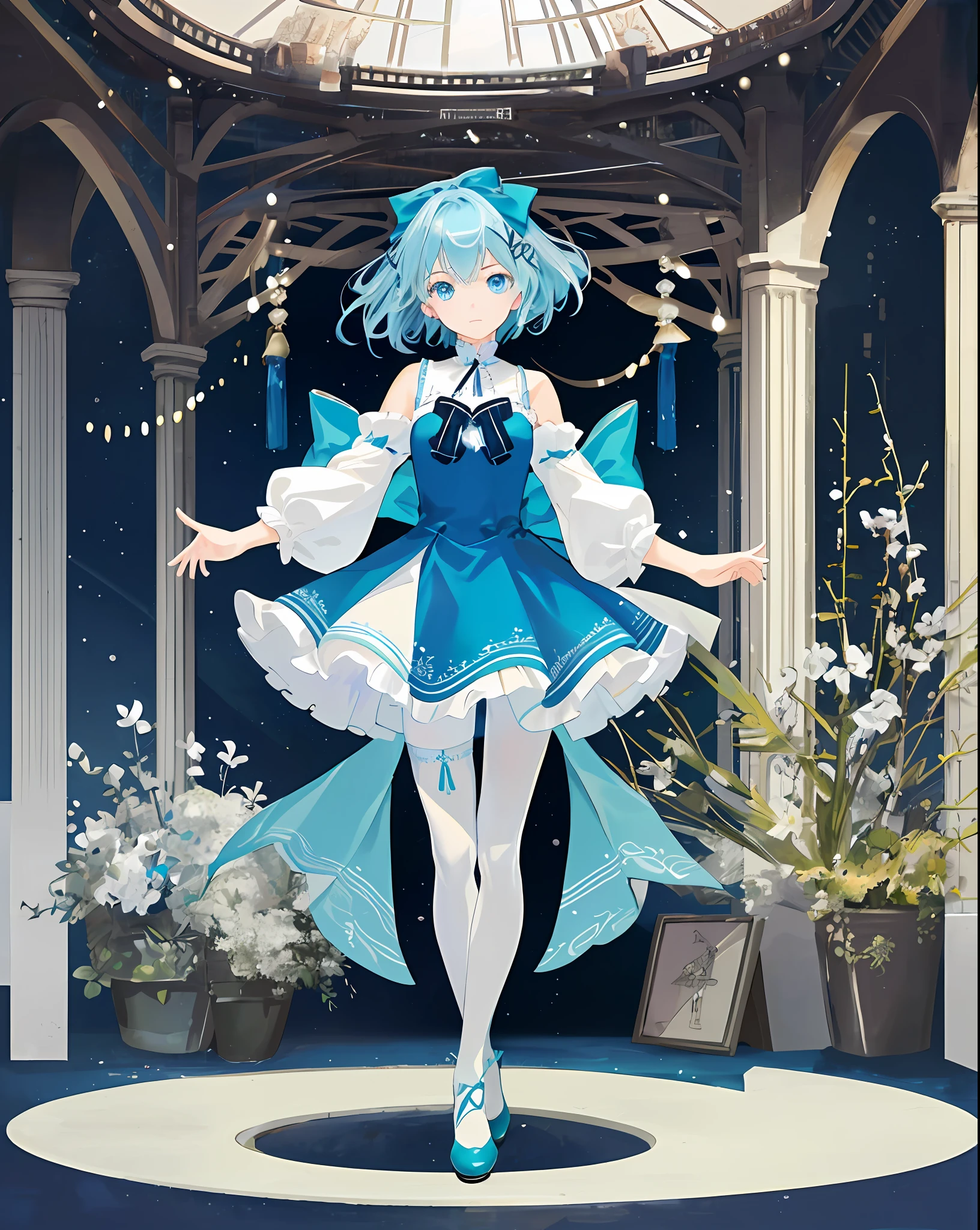 (a masterpiece,Top Quality,Bestquality,Official Art,Beauty and aesthetics:1.2),(: 1 Girl:1.3 pcs),(fractal art:1.3 pcs),Vibrant aqua blue eyes, Medium hair with tassels,Flawless,Perfect Body,short dress,White stockings,bpantyhose,white high heels,Bow,