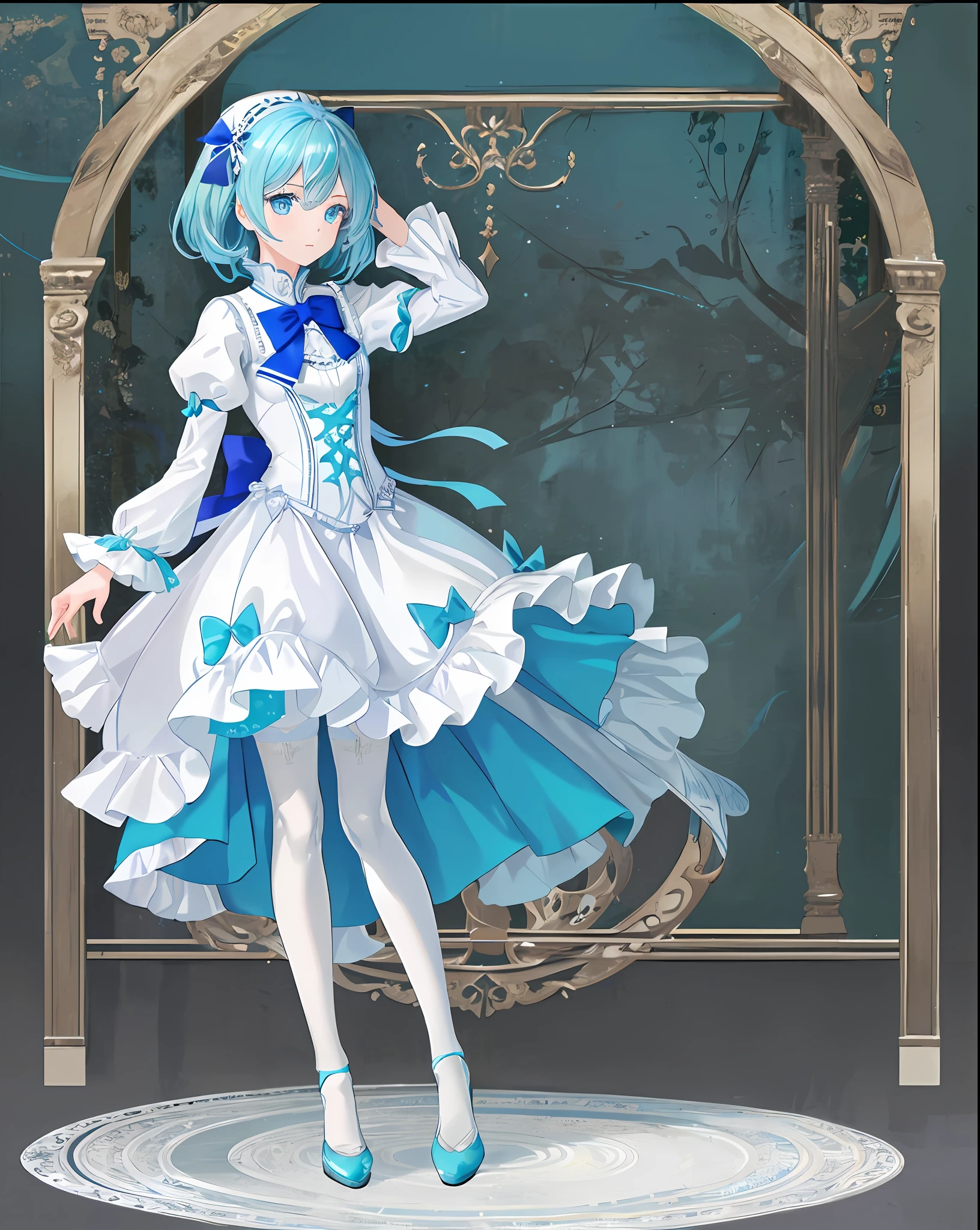 (a masterpiece,Top Quality,Bestquality,Official Art,Beauty and aesthetics:1.2),(: 1 Girl:1.3 pcs),(fractal art:1.3 pcs),Vibrant aqua blue eyes, Medium hair with tassels,Flawless,Perfect Body,short dress,White stockings,bpantyhose,white high heels,Bow,