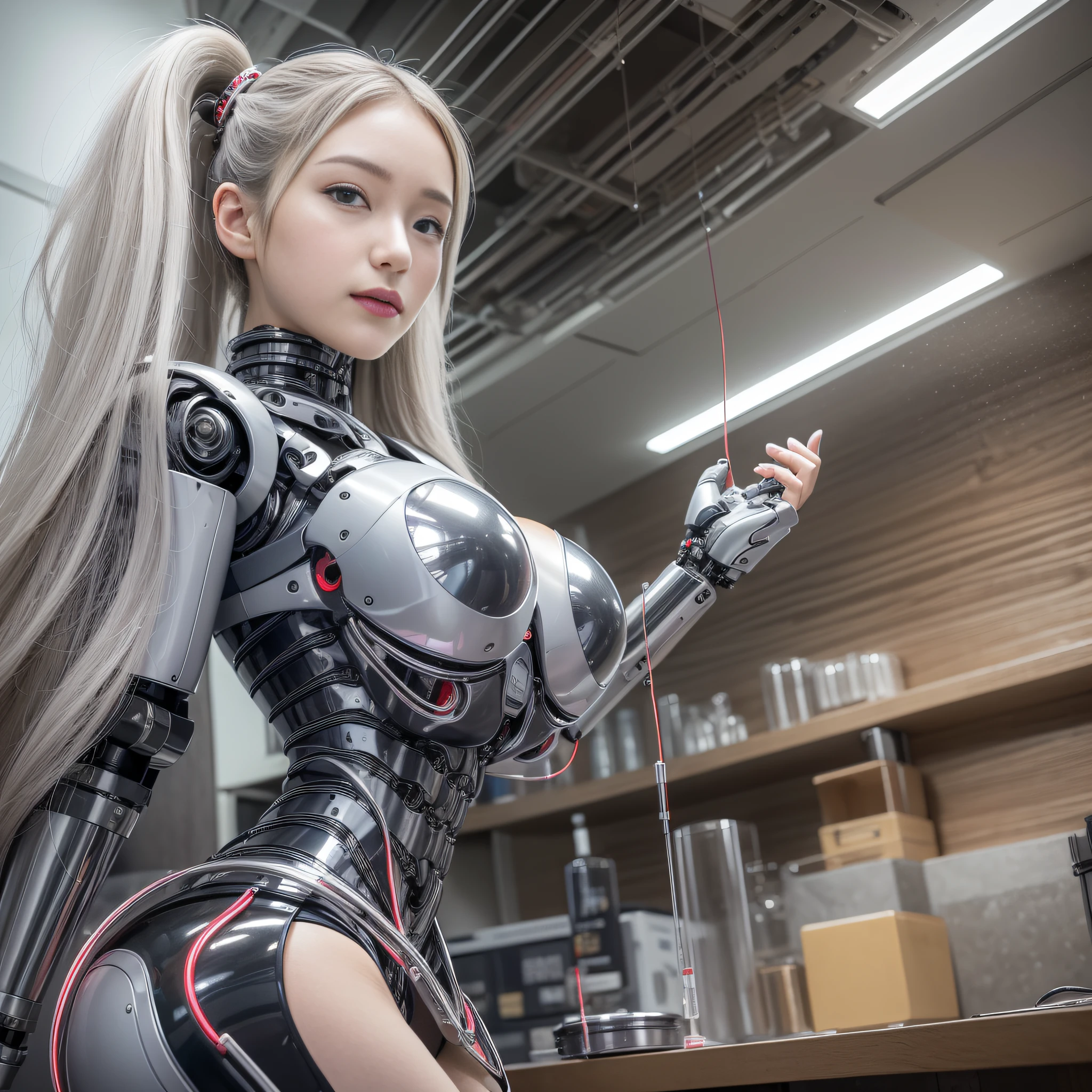 Beautiful Face,face is Japan, 1 Woman, Big, Curvaceous, (16k, RAW photo, top quality, masterpiece: 1.2), (HDR, Realistic, Photorealistic: 1.37) (tube attached to the body), (Bikini Cyborg robot parts)))), (light gray hair), Long hair, Wavy hair, Twin tails, Medium shot, ( Seductive smile)), (black eyes), princess cut,from below,(whole body),posing,,in the lab,( tube connected to blood vessel),((mechanical vertebrae attached to the back)),((mechanical neck attached to the neck)),(wire cable attached to the head and body),(character focus),science fiction,perfect female figure,perfect anatomy,ultraanatomy, Full body shot, up to 4 fingers and 1 thumb relationship,