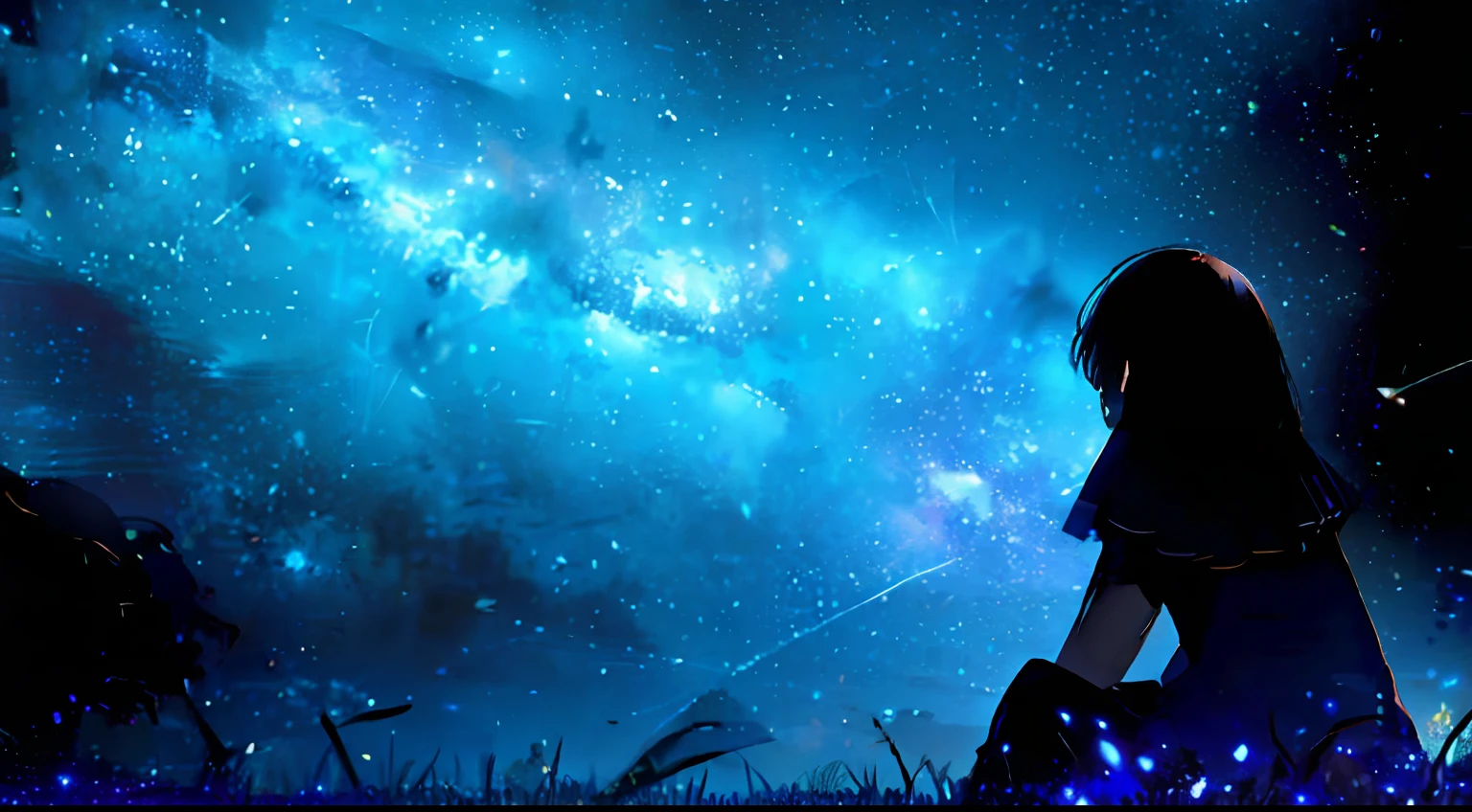 Background, galaxy, stars, blue, black, violet, explosions, girl sitting on grass looking at stars in night