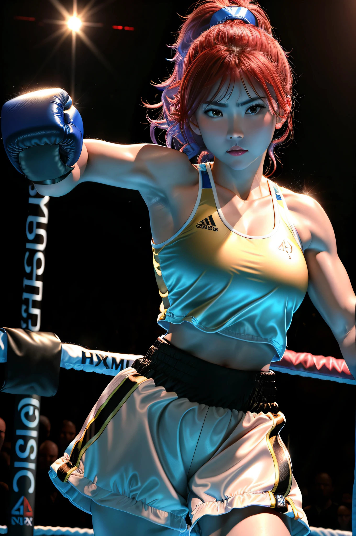 "Ultra high definition, 4K photography, better realistic quality, with backlighting that highlights the elegant small-chested female figure, which highlights her high size and prominence, boxing clothes, punching, brave face