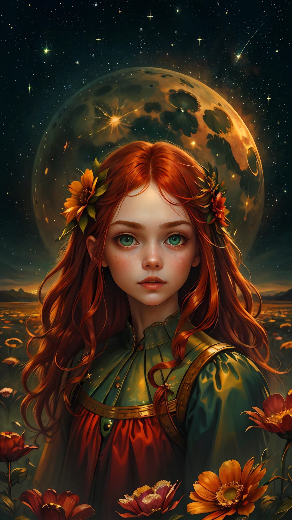 half portrait, best quality, masterpiece, ultra high res, (realistic photo: 1.4), surrealism, dreamlike,
1 girl, long red hair, bright green eyes, starry sky, night, stars, galaxy, flower,