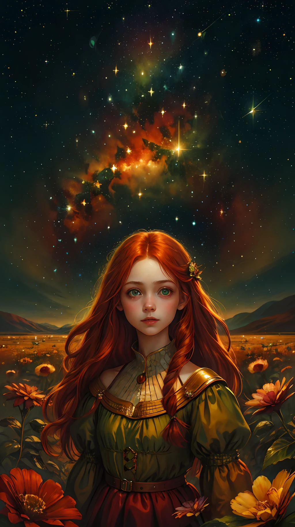 half portrait, best quality, masterpiece, ultra high res, (realistic photo: 1.4), surrealism, dreamlike,
1 girl, long red hair, bright green eyes, starry sky, night, stars, galaxy, flower,