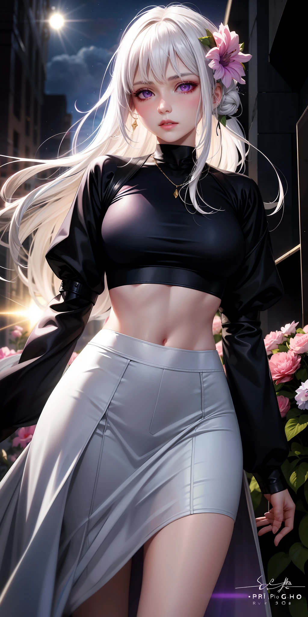 realistic, 1girl, white hair, purple eyes, glowing eyes, crop top, skirt, parted lips, blush, night, flowers, sun, sunlight,