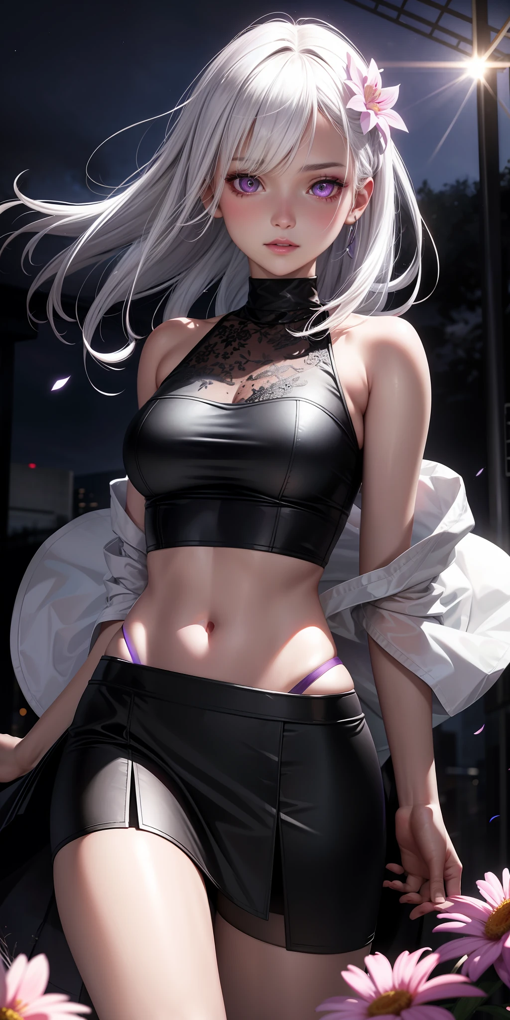 realistic, 1girl, white hair, purple eyes, glowing eyes, crop top, skirt, parted lips, blush, night, flowers, sun, sunlight,