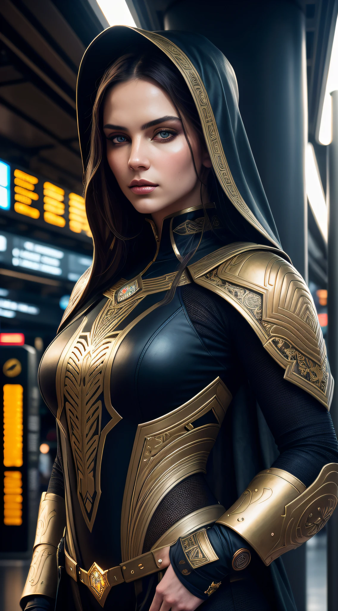 Medium full shot Portrait of an exotic stunningly beautiful caucasian woman wearing urban outfit at a subway station, Alluring gaze, Captivating expression, perfect detailed face, detailed symmetric hazel eyes with circular iris, realistic, stunning realistic photograph, 3d render, octane render, intricately detailed, cinematic, trending on artstation, Isometric, Centered hipereallistic cover photo, awesome full color, hand drawn, dark, gritty, mucha, klimt, erte 12k, high definition, cinematic, neoprene, behance contest winner, portrait featured on unsplash, stylized digital art, smooth, ultra high definition, 8k, unreal engine 5, ultra sharp focus, intricate artwork masterpiece, ominous, epic, TanvirTamim, trending on artstation, by artgerm, h. r. giger and beksinski, highly detailed, vibrant