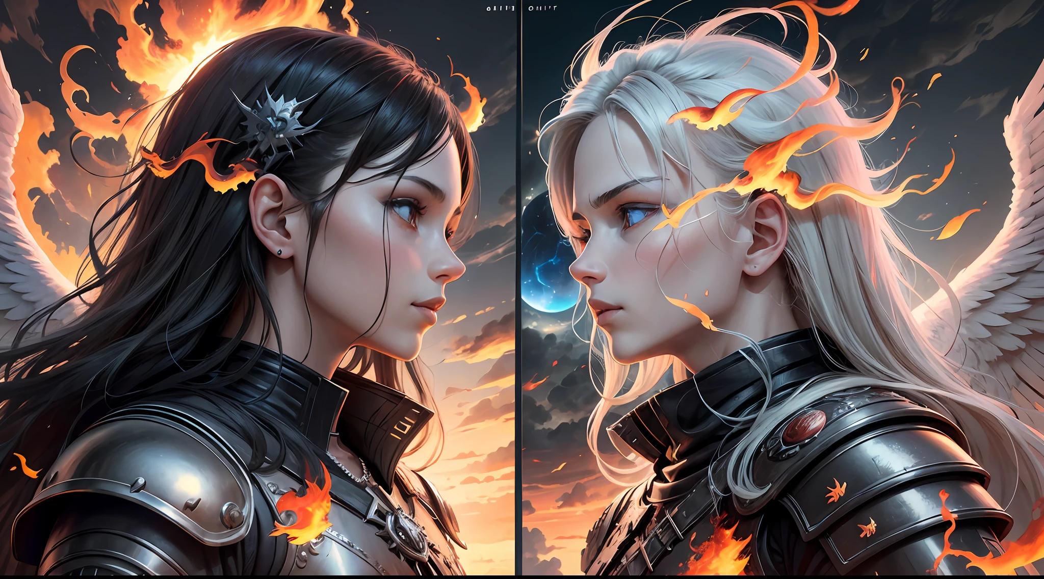 Split image, on one side the sun and open skies with an angel of god wearing armor, on the other the closed sky and flames in the background and a demon, both looking at each other, split image, contrast, contradiction, masterpiece, hyper-detailed, hyper-realistic, best quality, 16K