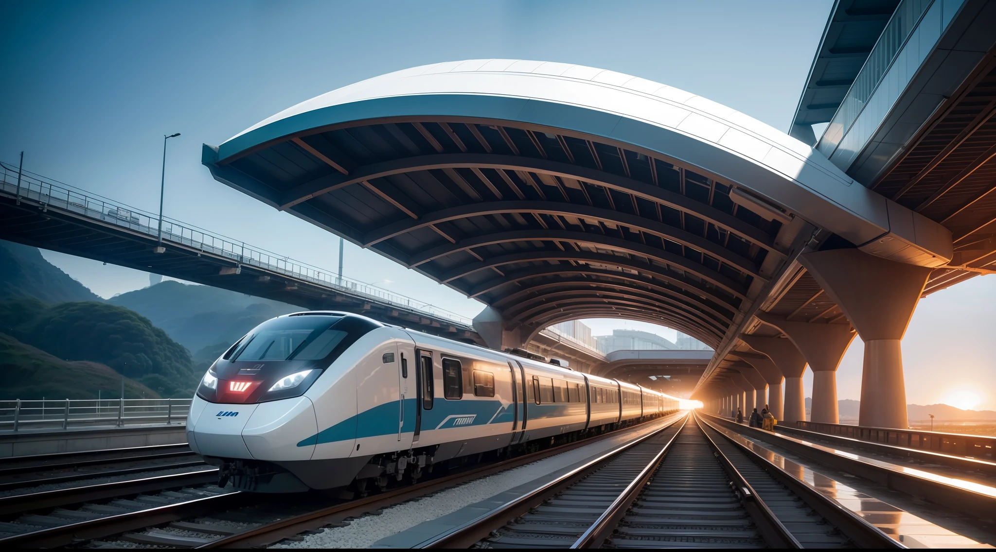 Um trem maglev solarpunk, seen from behind, vibrante, fotorrealista, realista, dramatic, cinematic lighting, sharp focus, 8k