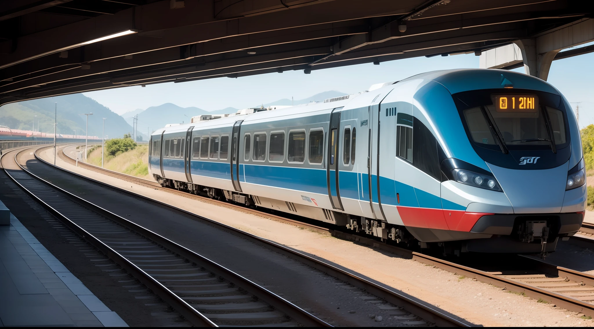 Um trem maglev solarpunk, seen from behind, vibrante, fotorrealista, realista, dramatic, cinematic lighting, sharp focus, 8k