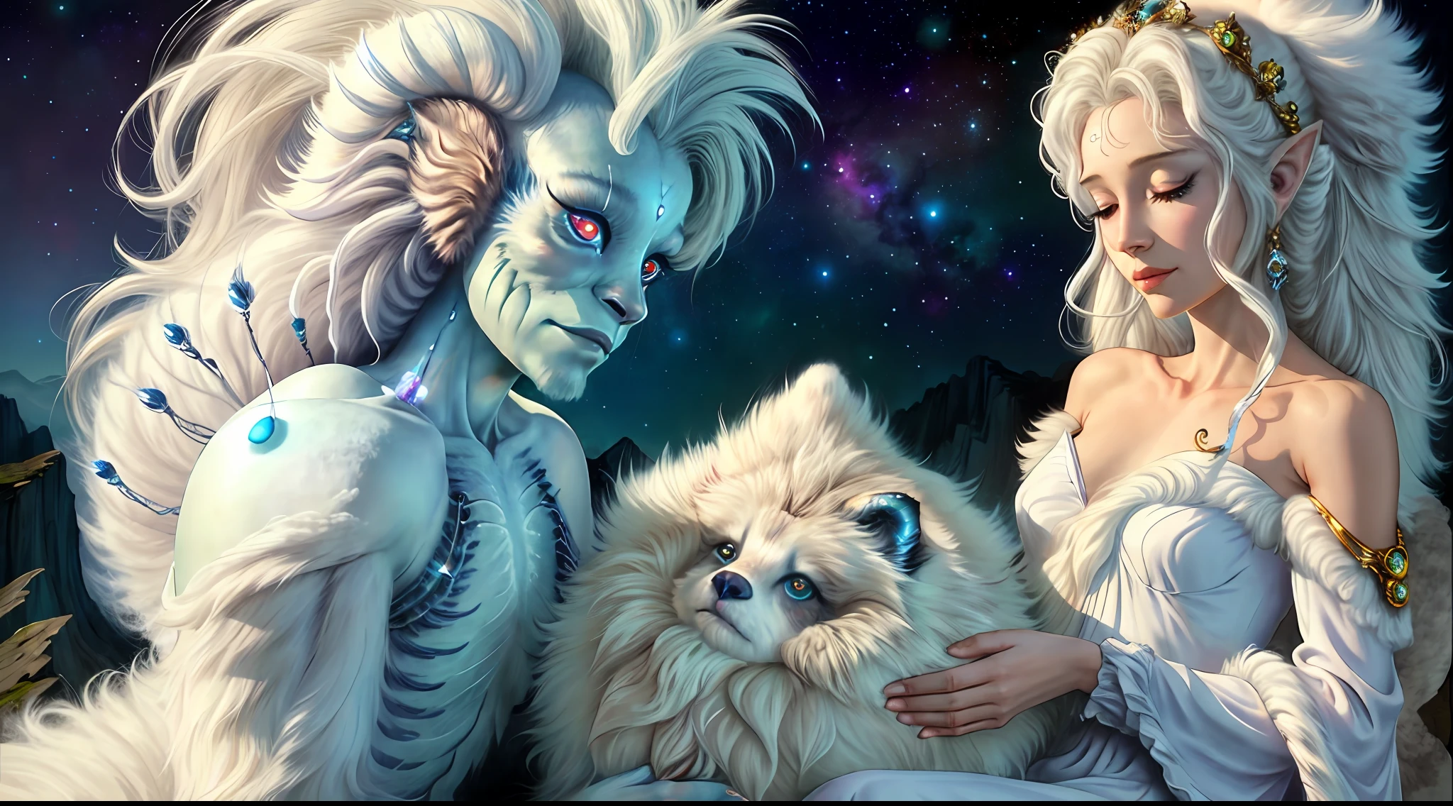 breathtaking masterpiece, best quality, highest quality, highly detailed, exquisite, award winning 8K digital painting of an ethereal and (incredibly beautiful female alien:1.4) with luminescent body parts that shimmer like stardust (lying gracefully on a steep cliff:1.2), casting a watchful gaze over (the galaxy:1.33), (a fluffy creature rests on her shoulder:1.8), intricate details, golden ratio, BaroqueAI, v0id3nergy, by Louis Royo