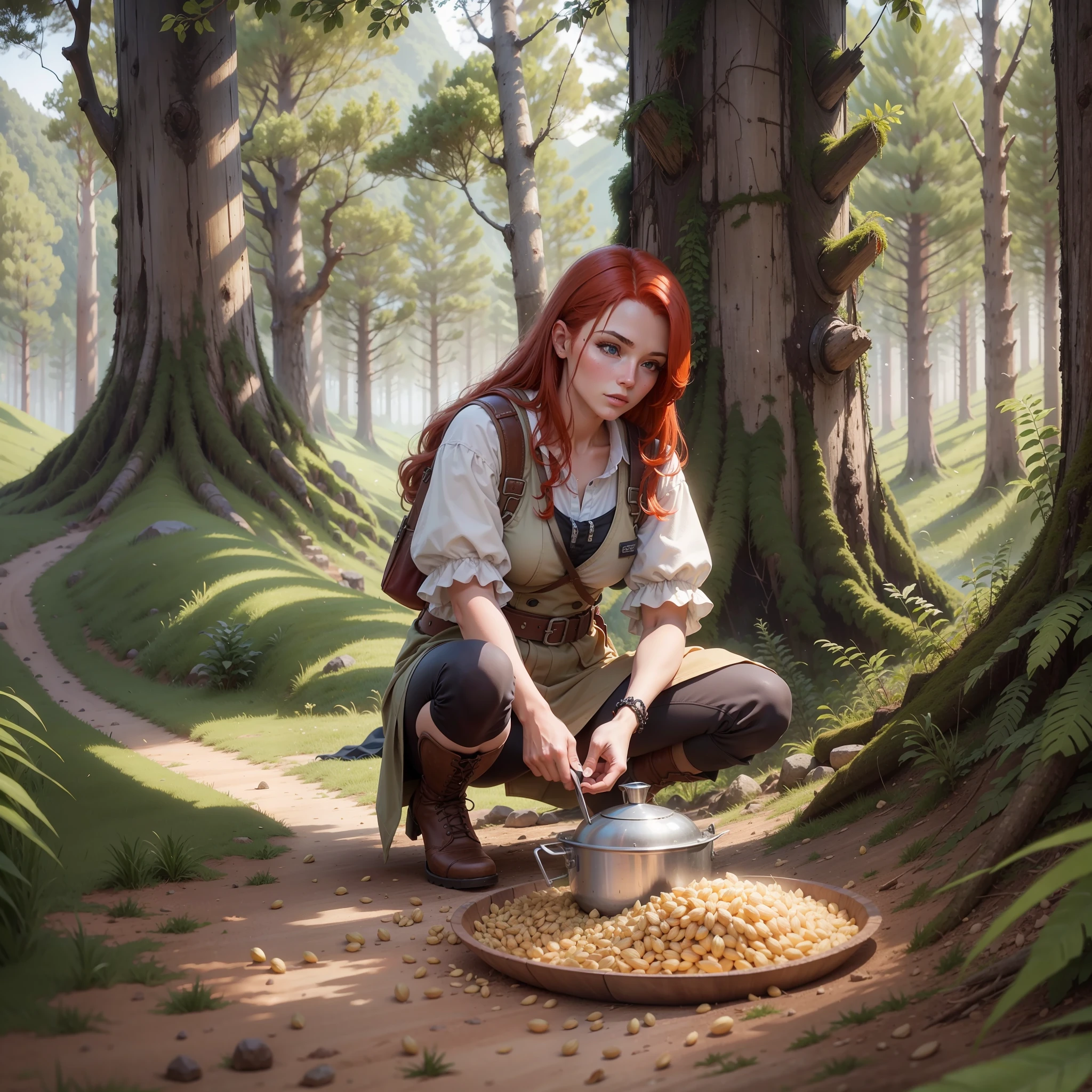 Redhead, alps, harvesting pine nuts on the ground, swidden, rural region Brazil, general mines, traditional, realistic, masterpiece 4K --auto --s2