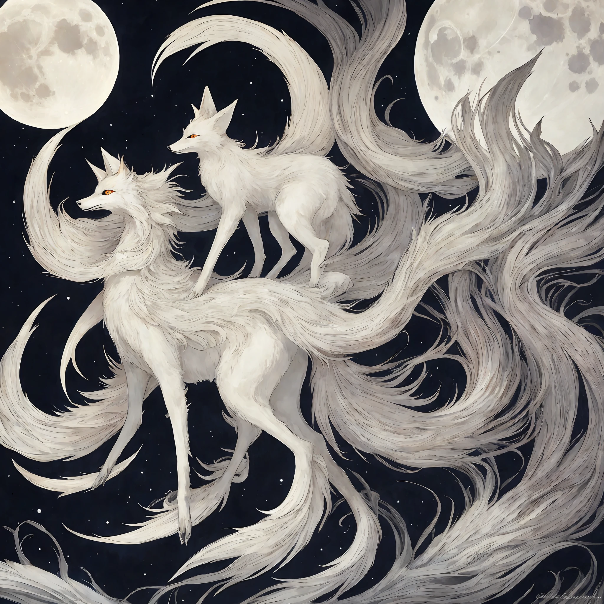 White nine tails fox in front of moon