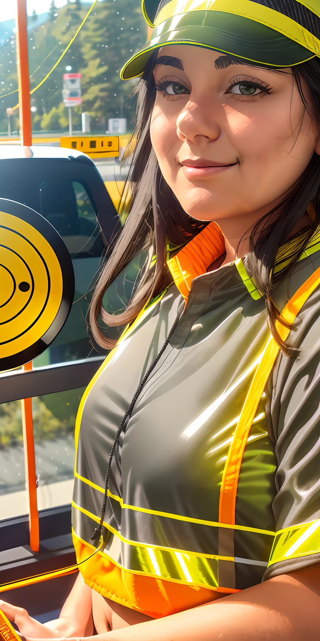 1 woman, (brunette, black hair, round face, chubby, uniformed, green and yellow colors and reflective bands, gray cap with company logo, badge with orange string), ((photograph)), in the toll booth, (highway), natural lighting, glass window, computer, water bottle, papers, money --auto --s2