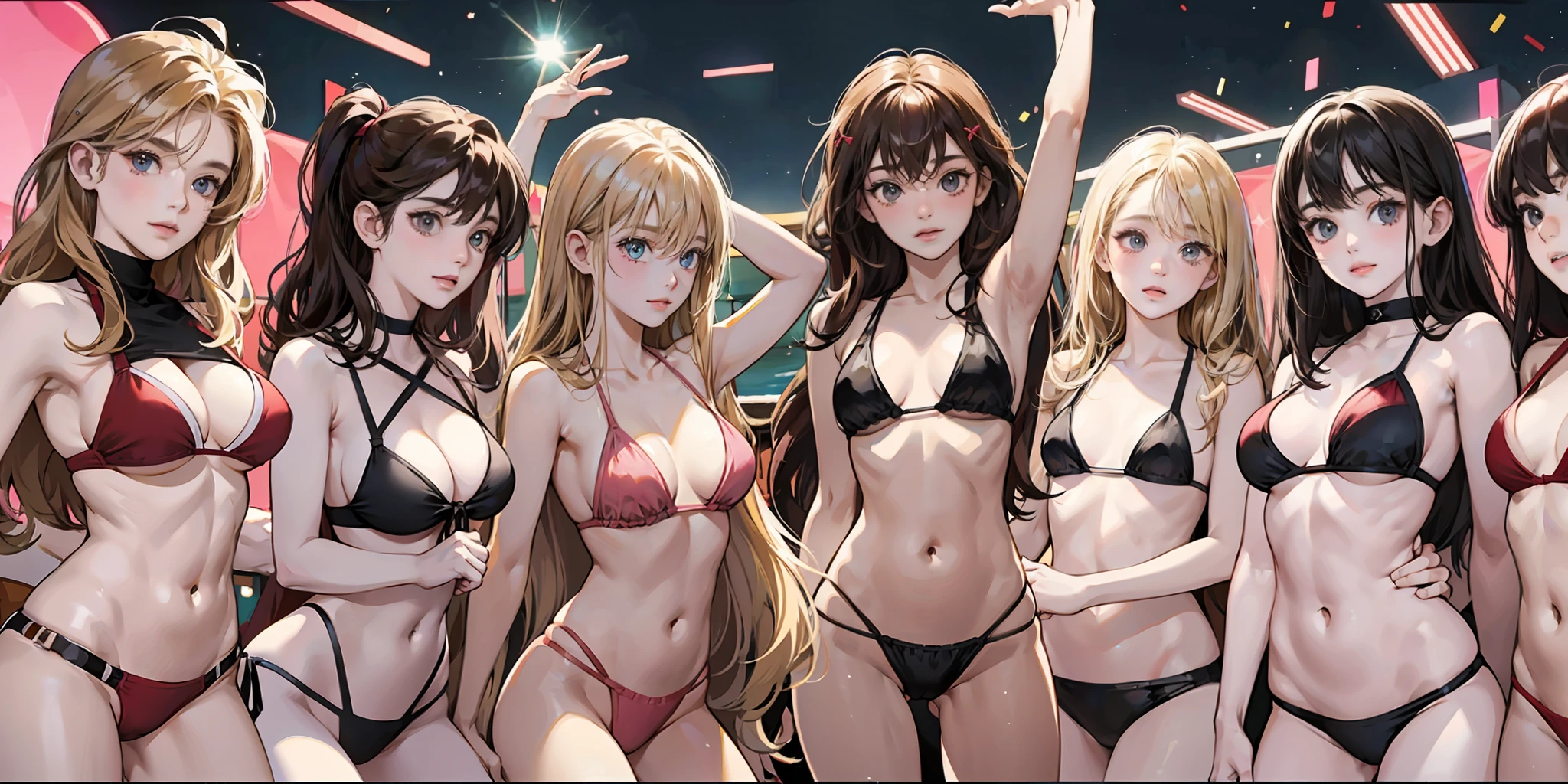 {{age female, caucasian, hundreds of girls, thousands of girls, multiple girls, many girls, only girls, crowd shot}}, looking at viewer, hazel eyes, extremely detailed, brown hair, blonde hair, red hair, black hair, pink bikinis, matching bikinis, identical bikinis, crowd of girls, girls partying, happy, best quality, high quality, extremely detailed anime screencap
