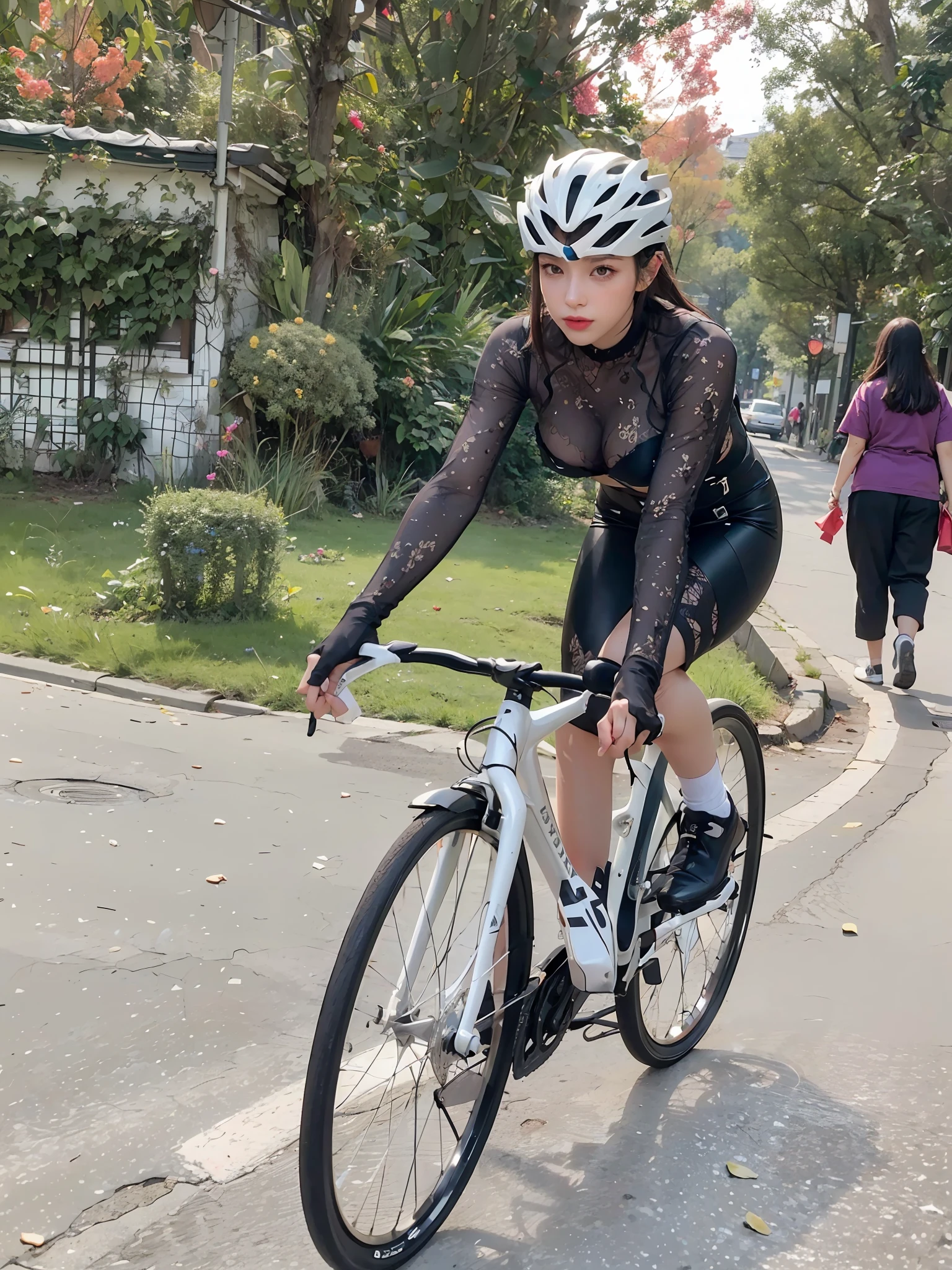 ((Realistic lighting, Best quality, 8K, Masterpiece: 1.3)), Clear focus: 1.2, 1girl, Perfect body beauty: 1.4, Slim abs: 1.1, ((Dark brown hair, Big breasts: 1.3)), (Wearing ultra-thin white underwear: 1.4), City streets, Super fine face, fine eyes, double eyelids.