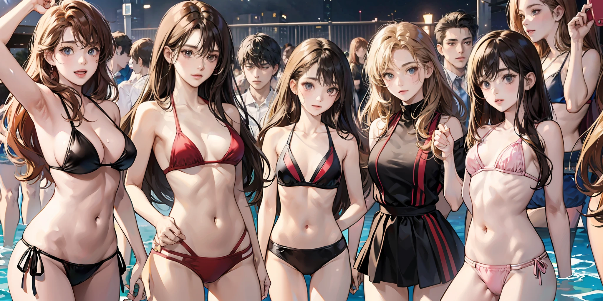 {{Teenage female, caucasian, hundreds of girls, thousands of girls, multiple girls, many girls, only girls, crowd shot}}, looking at viewer, hazel eyes, extremely detailed, brown hair, blonde hair, red hair, black hair, pink bikinis, matching bikinis, identical bikinis, crowd of girls, girls partying, happy, best quality, high quality, extremely detailed anime screencap