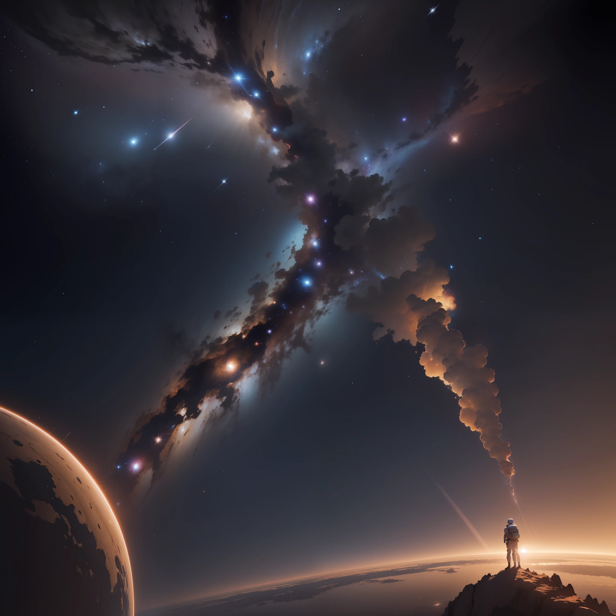 "((obra-prima)), melhor qualidade, detalhes ultra-sofisticados, An extremely beautiful and delicate illustration, floating in space, with a dynamic angle and dramatic pose of a lone astronaut. Destaque para o capacete e visor, with complex lighting and stunning reflections. The scene is full of spectacular nuances of color, destacando-If the brightness of the Milky Way in the background, as stars and planets spread across space. Also include details in your composition, like mist, Dust and particles, to give that touch of verisimilitude. A real spectacle in 8k."