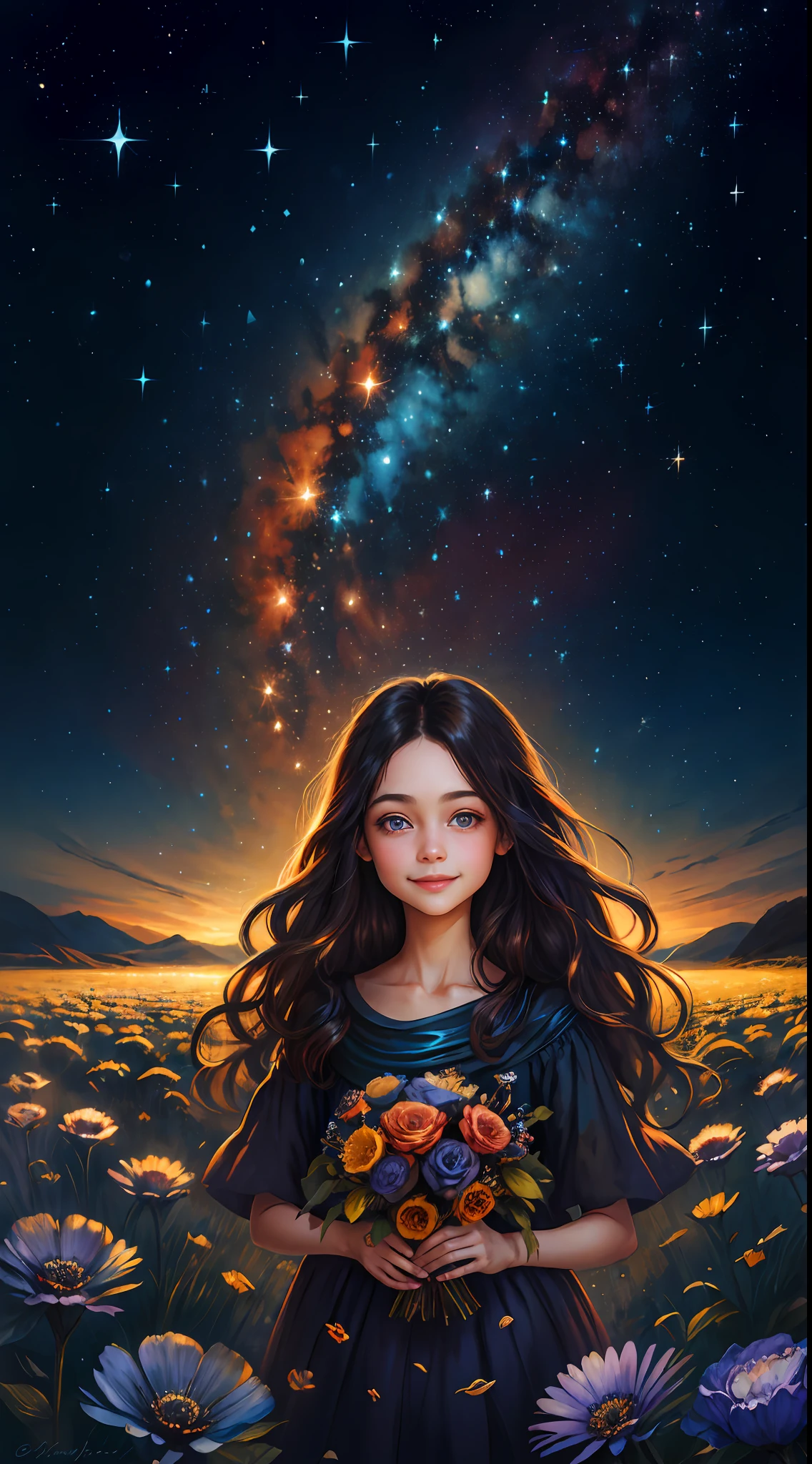 half portrait, best quality, masterpiece, ultra high res, (realistic photo: 2.5), surrealism, dreamlike,
1 girl smiling, wavy black long hair, bright blue eyes, starry sky, night, stars, galaxy, field of flowers