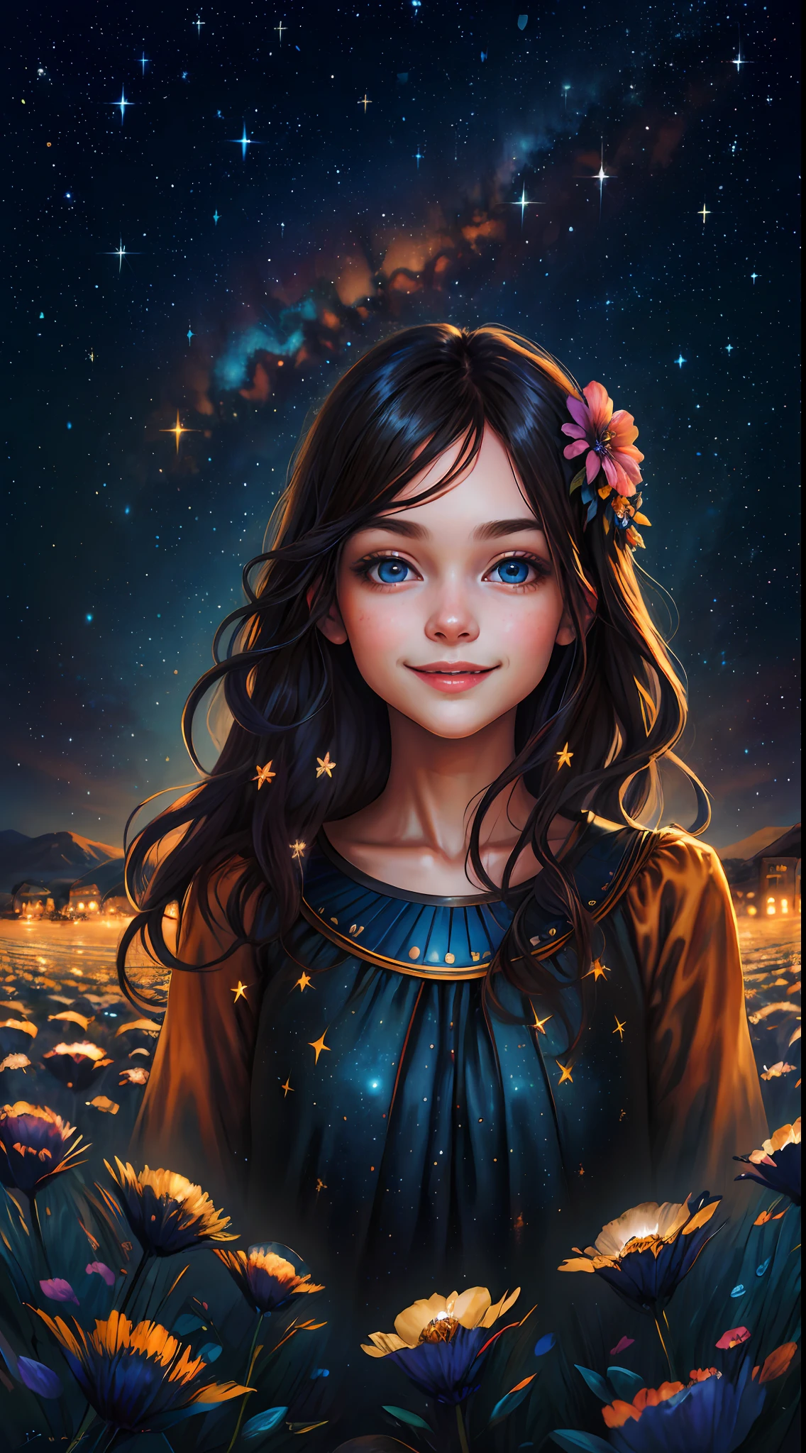 half portrait, best quality, masterpiece, ultra high res, (realistic photo: 2.5), surrealism, dreamlike,
1 girl smiling, wavy black long hair, bright blue eyes, starry sky, night, stars, galaxy, field of flowers