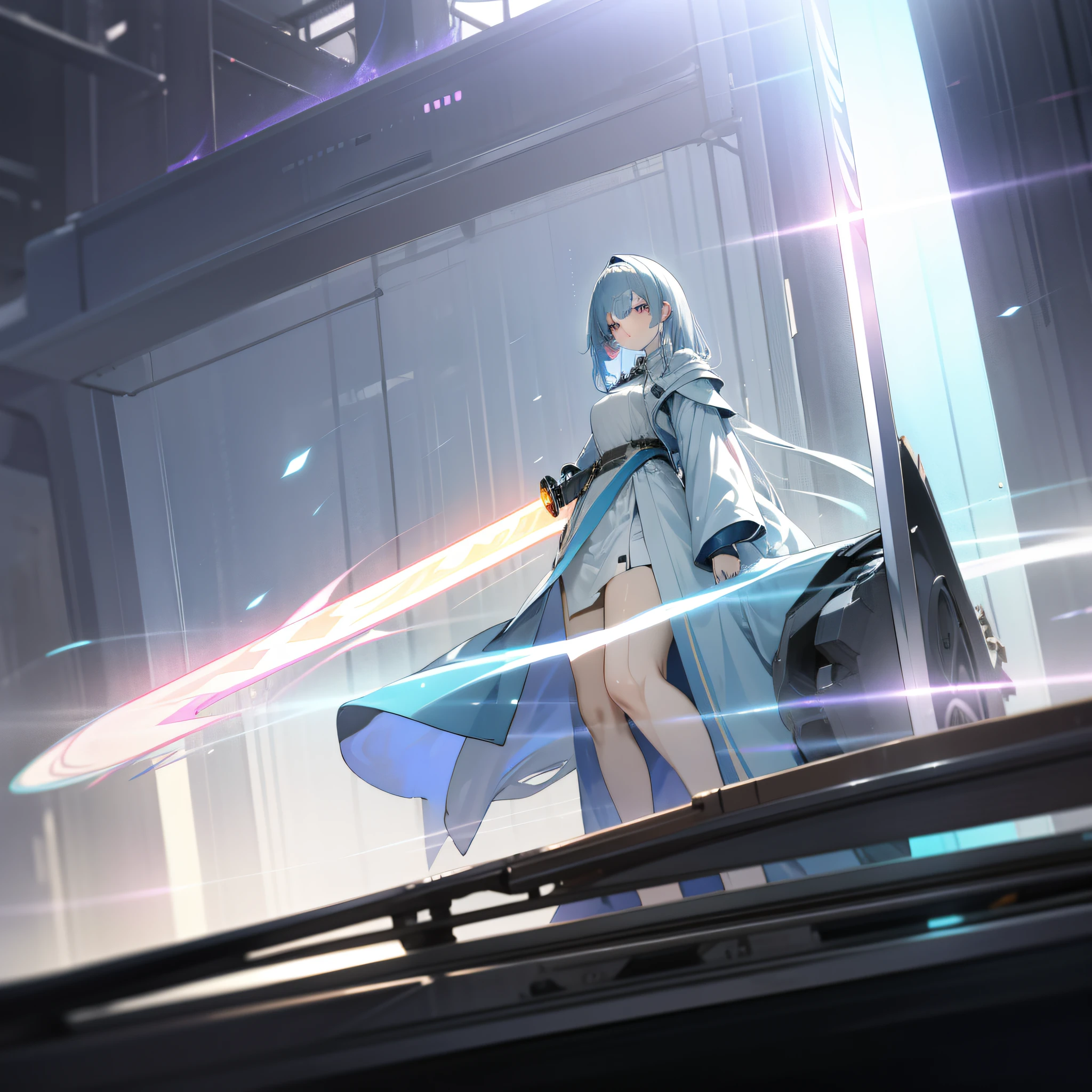 (masterpiece:1.2), high resolution, ray tracing, Neon-light-effect, slow motion, light caustics effect, (solo anime girl:1.1), (wrecked burning gigantic machine on background:1.3), a blue flaming great sword, cool stance, low stance, glowing skin, opened clothes, loose-fitting silhouette hooded blouson, oversized t-shirt, zettai ryouiki, night, a light gray hair blue dyed ends, futuristic parts on clothes, realistic lighting and shadowing