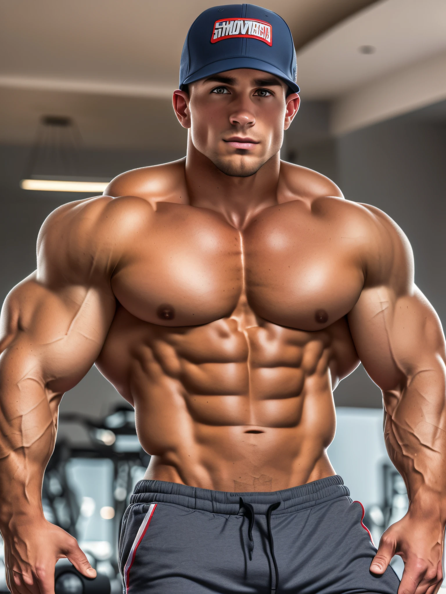 instagram photo, gymrat (five o'oclock shadow, manscaped), super buff and cool (very narrow waist, large pecs), cap (snapback, very well drawn and realistic, detailed), shorts, show off, physique, superior arrogance, Josh Halladay+Dominic Nicolai, HDR, 4K, masterpiece, hunters eyes