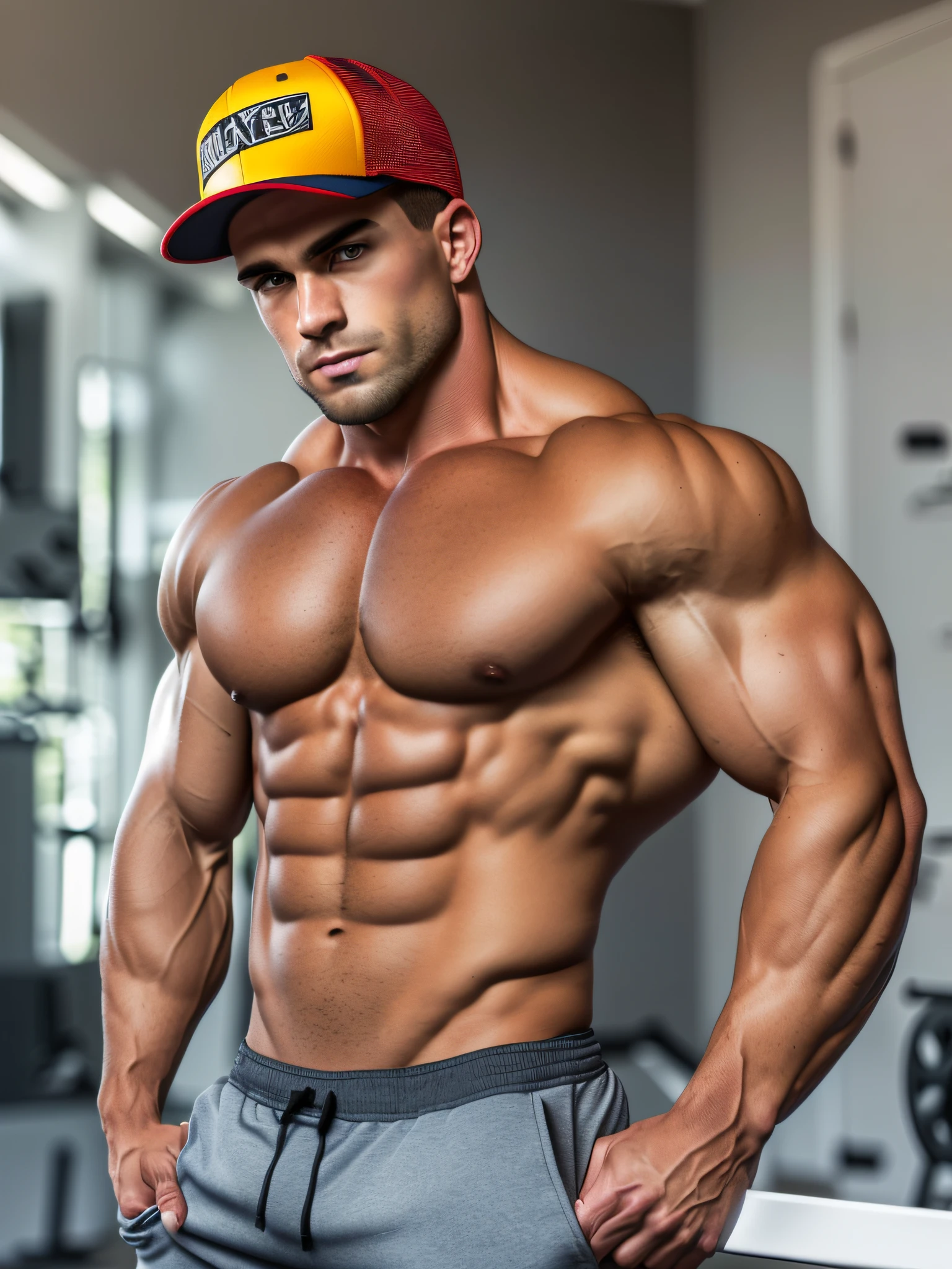instagram photo, gymrat (five o'oclock shadow, manscaped), super buff and cool (very narrow waist, large pecs), cap (snapback, very well drawn and realistic, detailed), shorts, show off, physique, superior arrogance, Josh Halladay+Dominic Nicolai, HDR, 4K, masterpiece, hunters eyes