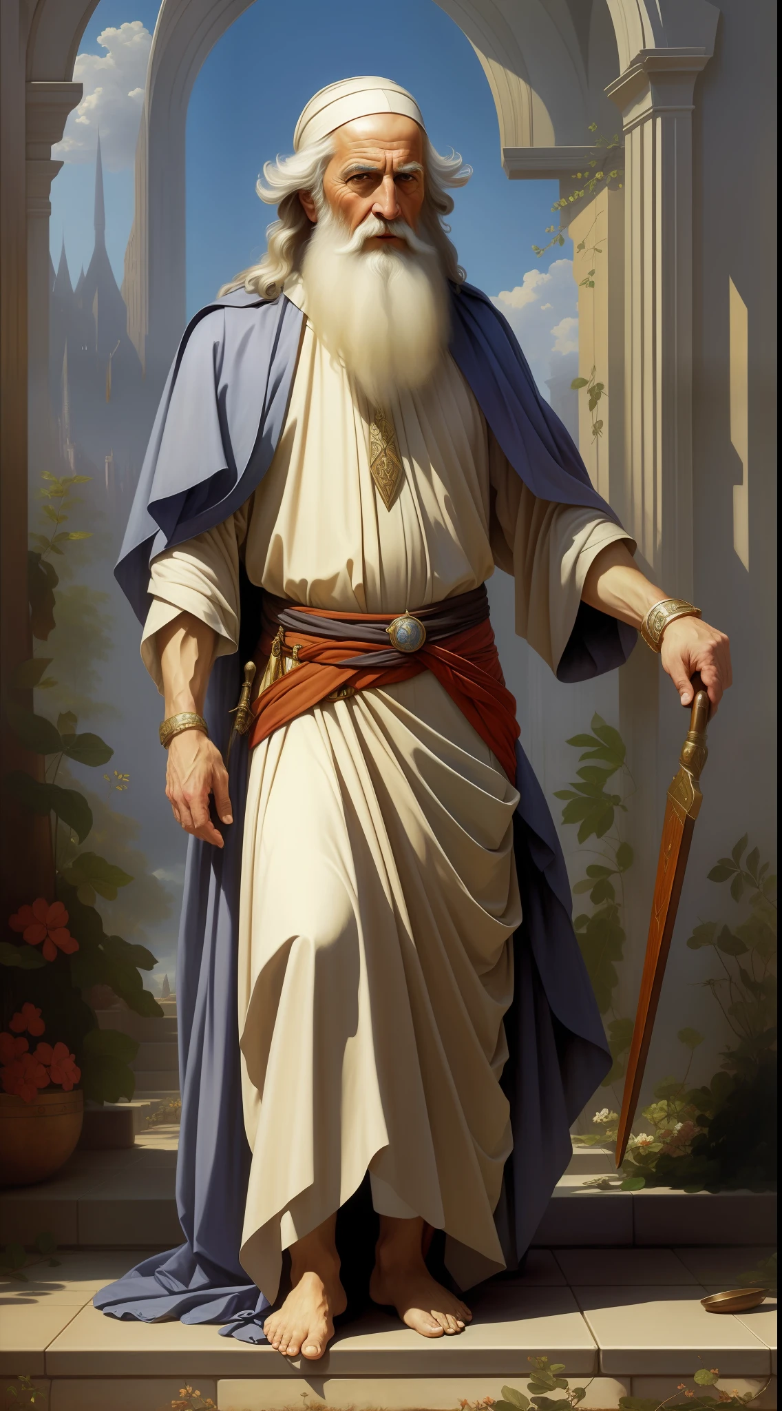 A beautiful ultra-thin realistic portrait of Solomon, the prophet, an old Israeli, long gray hair, long gray beard, wearing tunic, in front view, full body, biblical, realistic, intricate details, by Abbott Fuller Graves, Bartolome Esteban Murillo, J.C. Leyendecker, Craig Mullins, Peter Paul Rubens, (Caravaggio), Trend in Artstation, 8K, Concept Art, Fantasy Art, PhotoRealistic, Realistic, Illustration, Oil Painting,  Surrealism, HyperRealistic, brush brushes, Digital art, style, watercolor --auto --s2