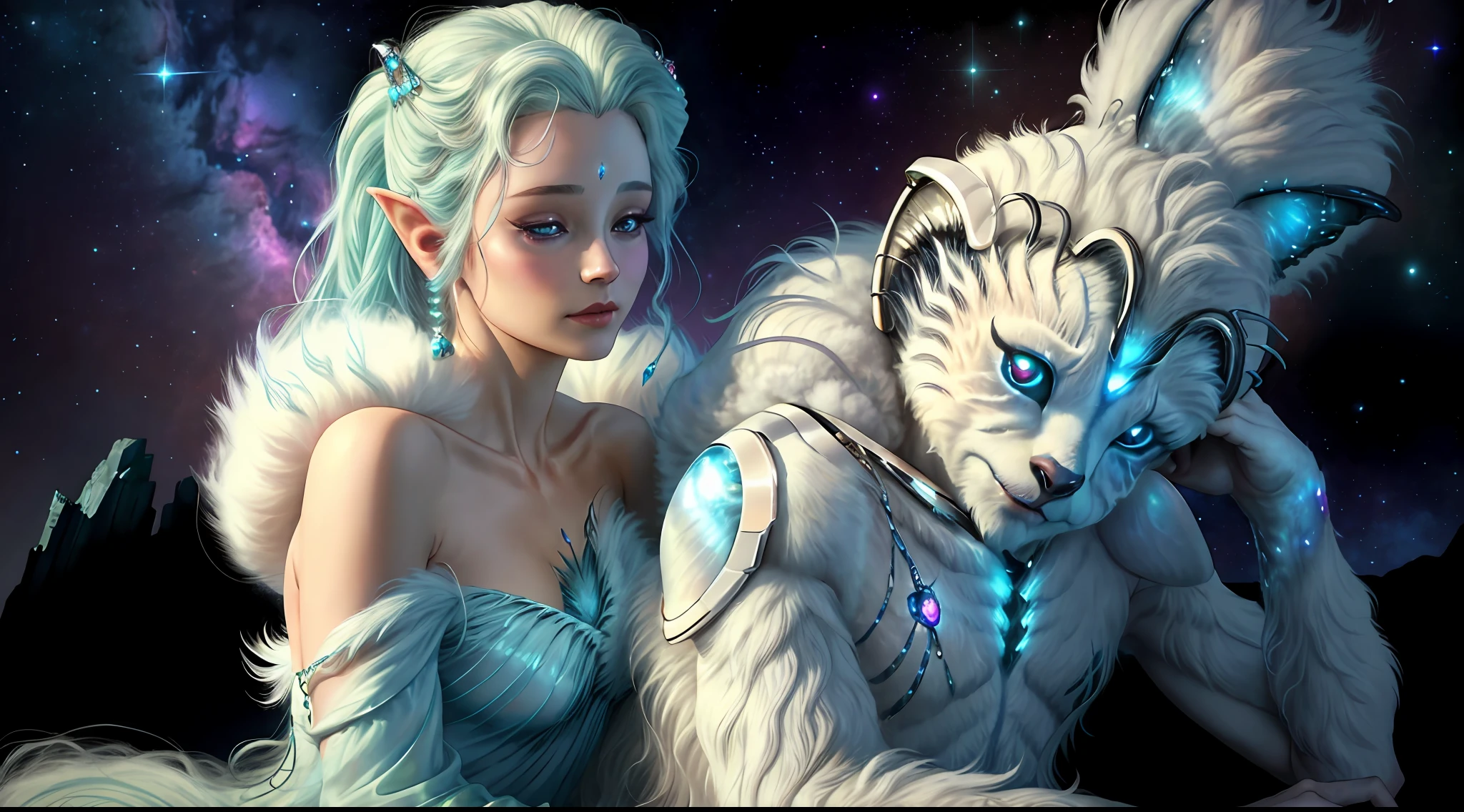 breathtaking masterpiece, best quality, highest quality, highly detailed, exquisite, award winning 8K digital painting of an ethereal and (incredibly beautiful female alien:1.4) with luminescent body parts that shimmer like stardust (lying gracefully on a steep cliff:1.2), casting a watchful gaze over (the galaxy:1.33), (a fluffy creature rests on her shoulder:1.8), intricate details, golden ratio, BaroqueAI, v0id3nergy, by Louis Royo