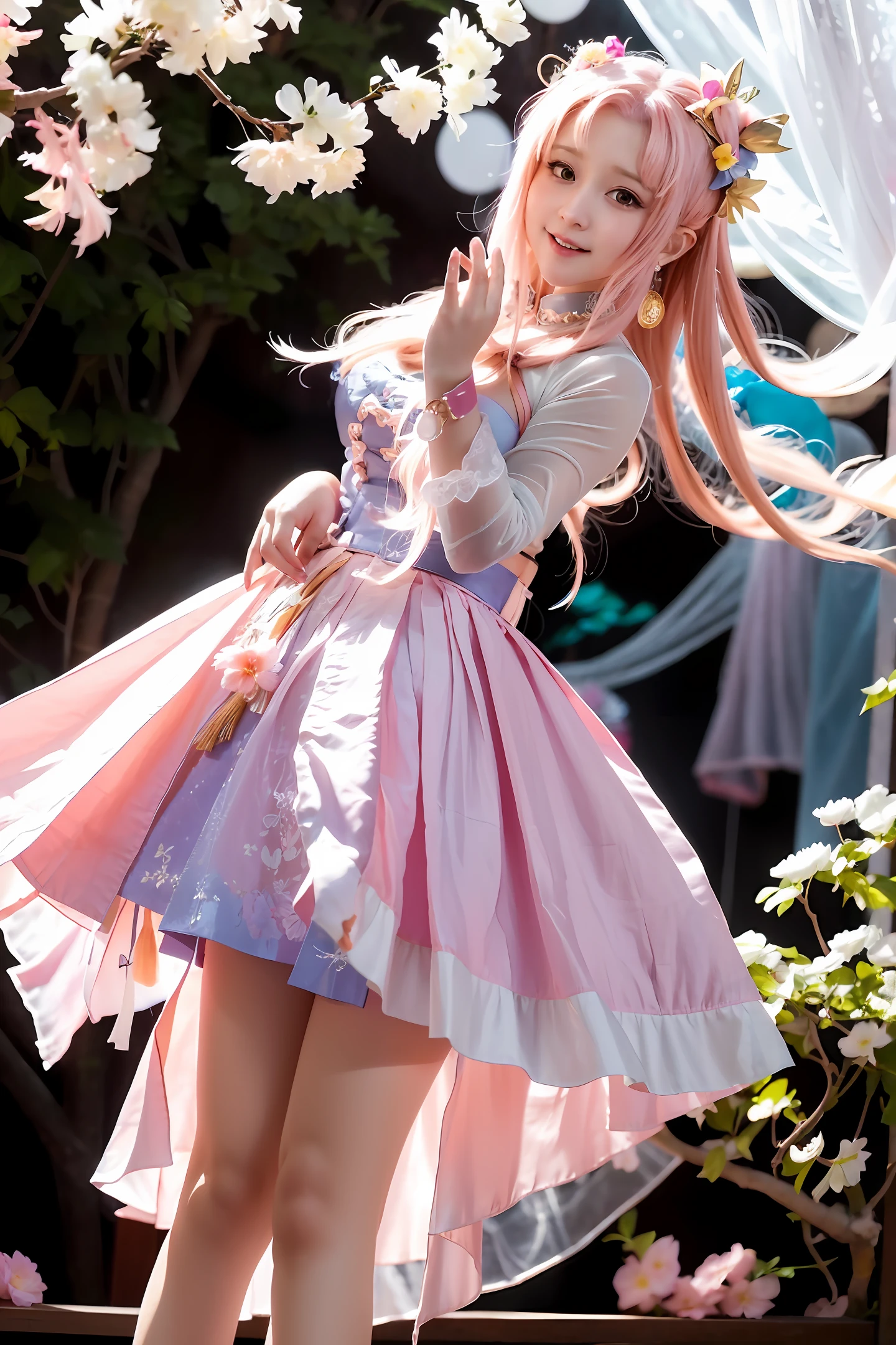 On a sunny afternoon，Soft sunlight spills into a garden。The oncoming wind gently brushes the petals，The smell of flowers fills the air。In the middle of the garden，There is a cute loli dressed in a Lolita-style costume，It adds a bit of fairytale atmosphere to the whole scene。

She wears a short pink puffy skirt，The skirt is embellished with delicate lace，Like a princess coming out of a dream。The pleats of the skirt create attractive curves，Shows her slender figure。She has a pair of cute double ponytails，The head is embellished with a pink bow headdress，Complements her long silky hair。

Lori's eyes were big，Like two bright stars，In the crystal liquid, there is an innocent and pure light。Her cheeks were stained a faint pink，It's like a peach blossom with buds waiting to be placed，It's lovely。Her rosy lips rose slightly，With a sweet smile，It's fascinating。

Lori holds a string of pink balloons in her hand，Gently lower up，Balloons dance in the air。She smiled happily，Jumping in the sun，Bring a childlike joy。The birds in the garden also seem to be attracted by her cuteness，They all surrounded her，Sing cheerful songs。

The whole picture is like a pink fairy tale，Make people feel pure happiness without any worries。This lovely Lolita Lori is like a garden elf，Exudes endless sweetness and warmth，It's heartwarming。