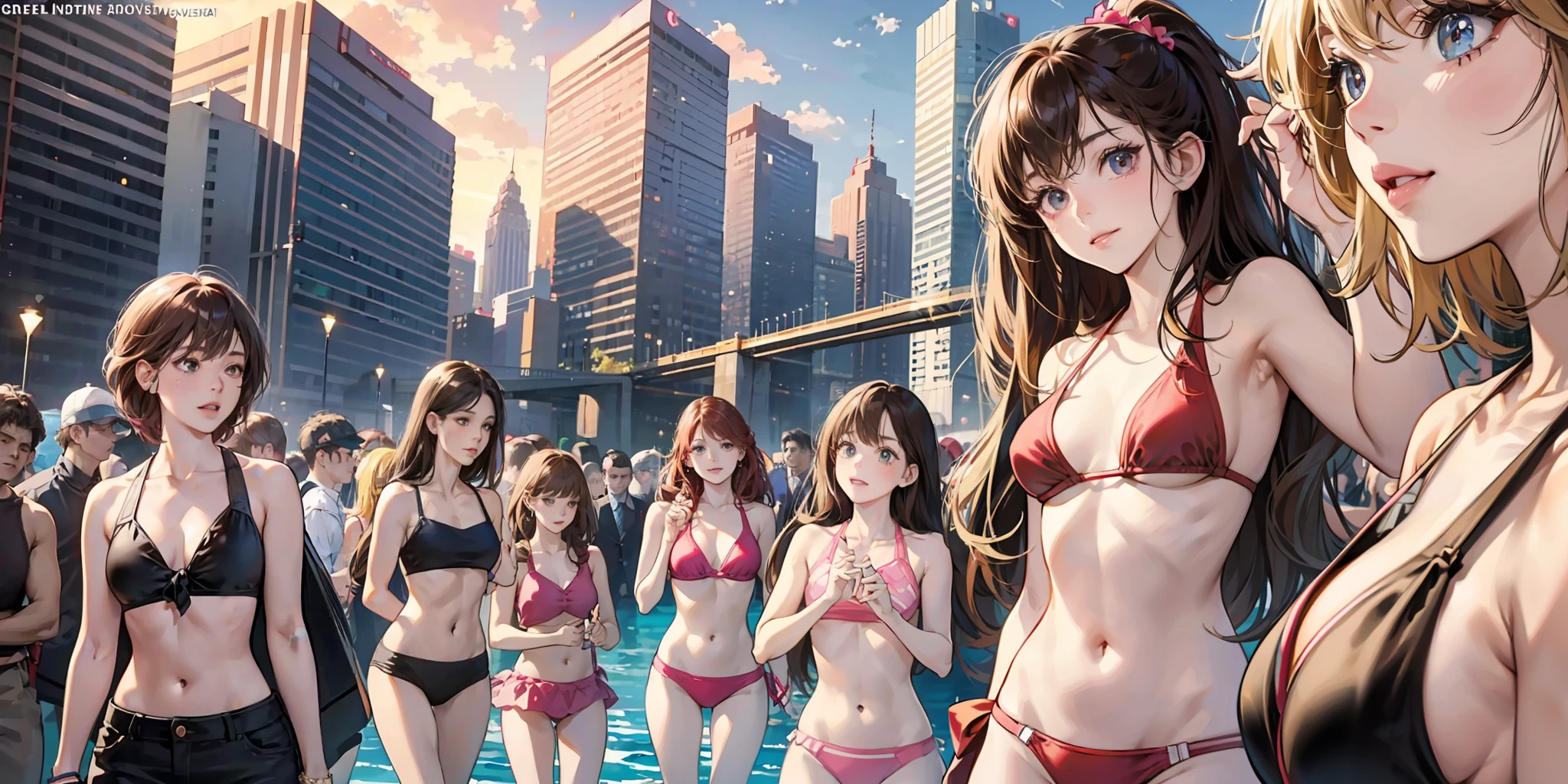 {{age female, caucasian, hundreds of girls, thousands of girls, multiple girls, many girls, only girls, crowd shot}}, looking at viewer, hazel eyes, extremely detailed, brown hair, blonde hair, red hair, black hair, pink bikinis, matching bikinis, identical bikinis, crowd of girls, girls part happy, best quality, high quality, extremely detailed anime screencap