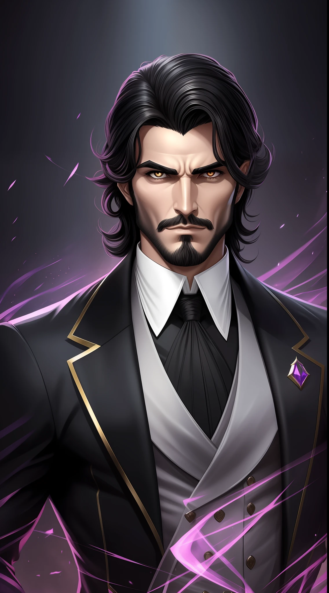 homem, masculino, corpo forte, aristocratic-looking vampire and cadaverous pallor. Her lustrous black hair is combed back, revelando suas presas afiadas. Ele veste um traje elegante e sombrio, com um manto escuro que flui ao redor dele, ocultando suas asas de morcego quando recolhidas. personagem de rpg, villain