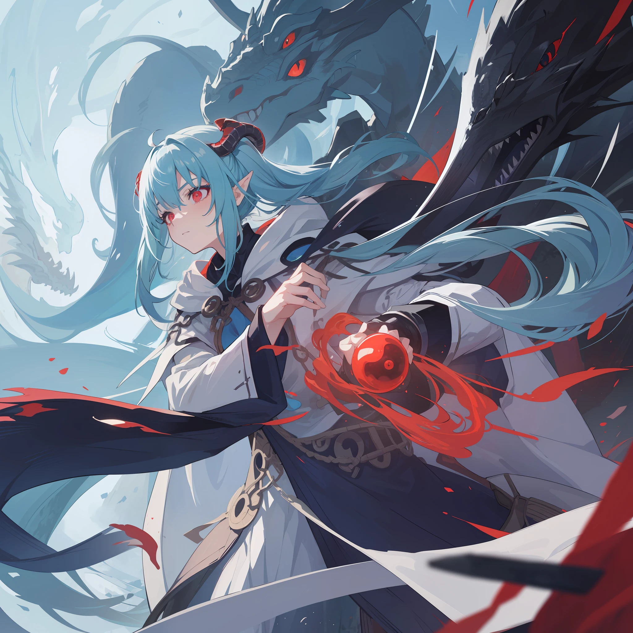A blue flowing hair girl, red eyes, have dragon horn and deadly dragon white sharp pupils, wear alchemist robe.