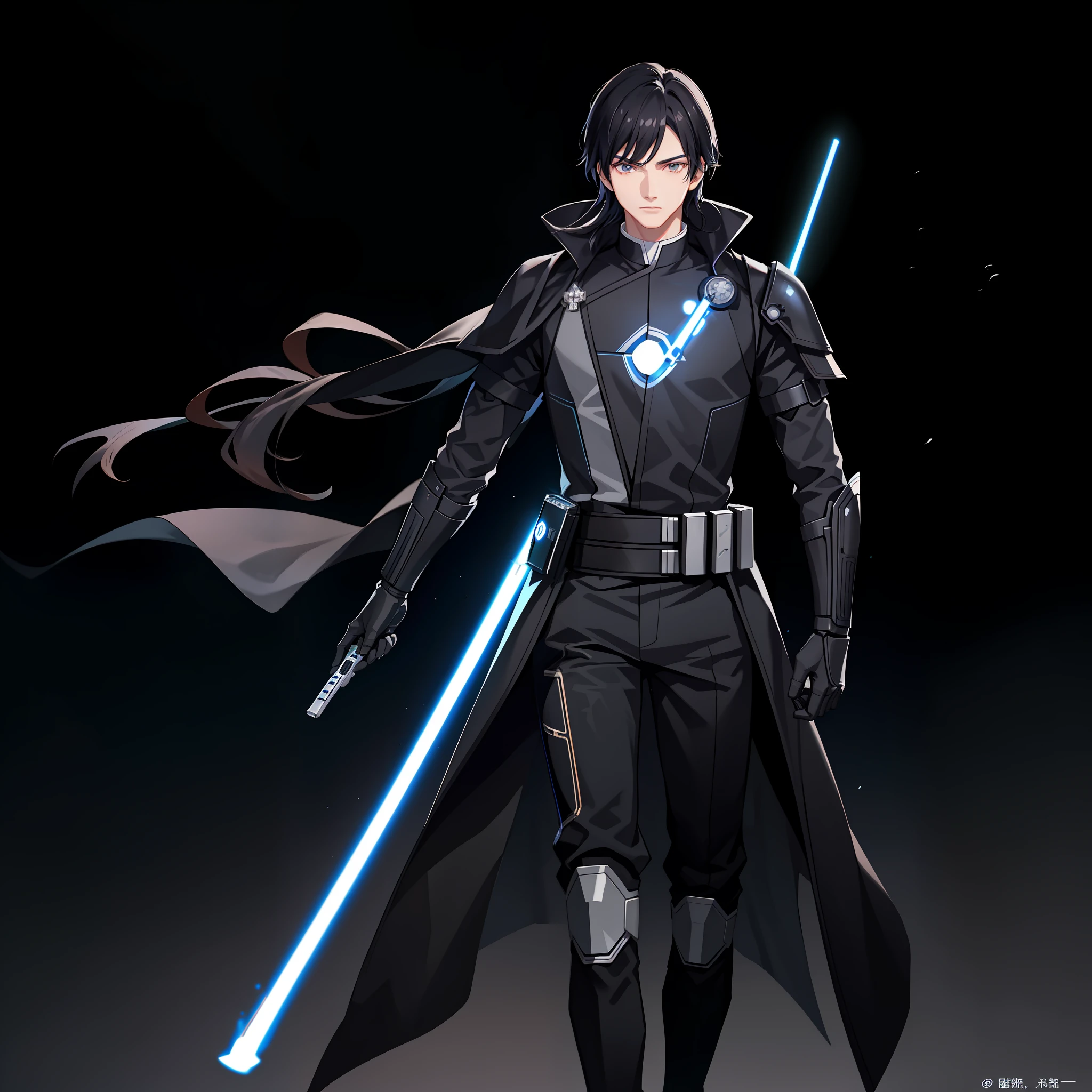 Black-haired boy，Han Manfeng，Sense of technology，Black nano armor，Cyber Future，hansome，Long hair，Cold eyes，Handsome boy，The male protagonist of the novel，Anime male protagonist，lightsaber，star wars