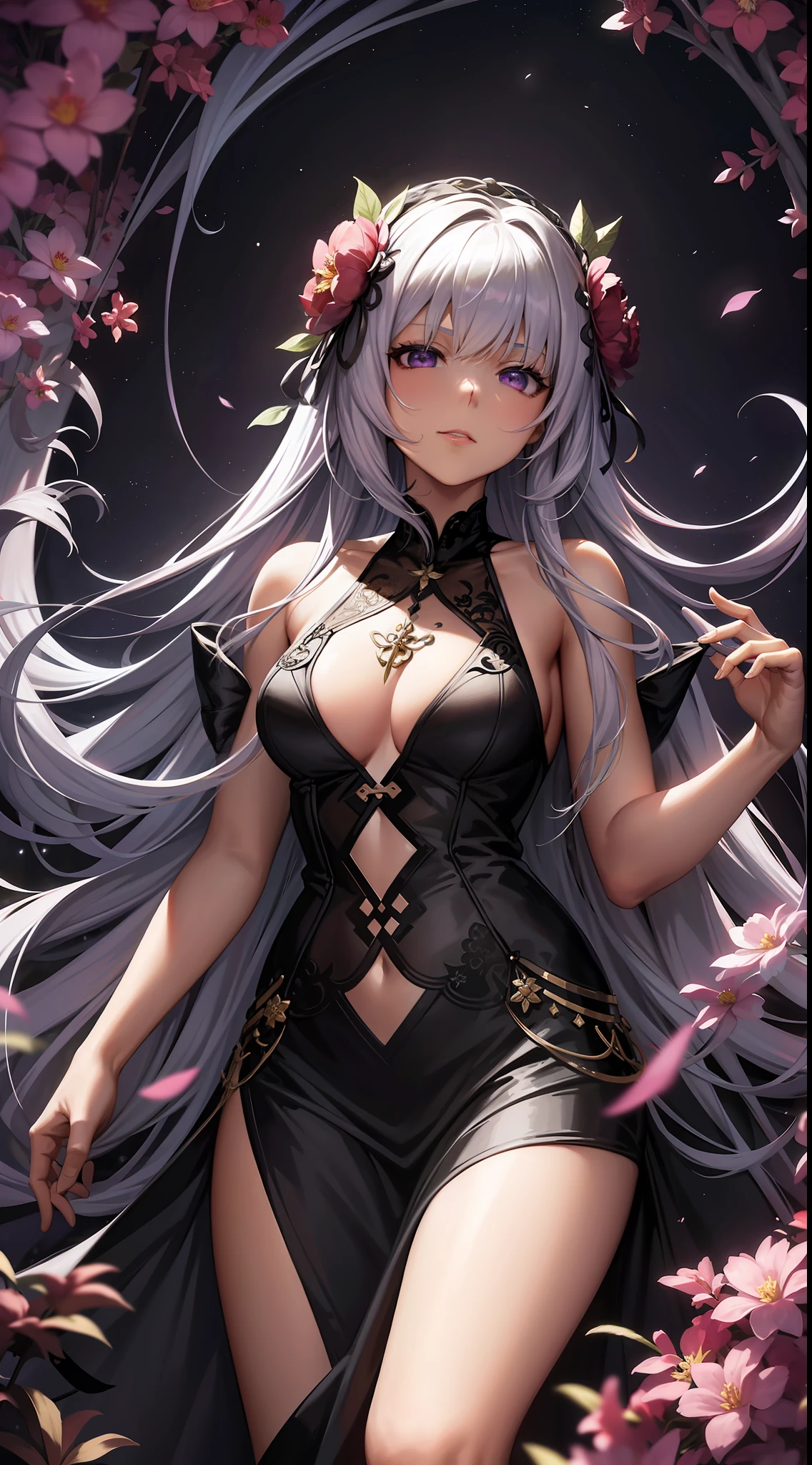 ((wide shot)),starlight sky,(moon shine),((yun)),The girl looks up at the stars,length hair,((Twist braids)),(((White skin))),(((long dress))),field,((purple eyes)),(((The eyes are meticulously depicted)))。(((pink color))),((There are many red peony flowers)),((vine)),((leaf,,)),((Complex graphics)),(((Meticulous portrayal))),(((exquisite face))),Brilliant colors,(((Super fine hair drawn))),((High definition of hair)), (((Hyper-fine engraving section))), anime styled, ((Movie lighting)),Chiaroscuro, Depth of field, Back light, full body portrait,Dynamic video, ((Stereoscopic perspective)), a masterpiece,(( super detaill)), ((highdetail)), High Quality, 4K, Bestquality, high res,(((ink and wash style)))