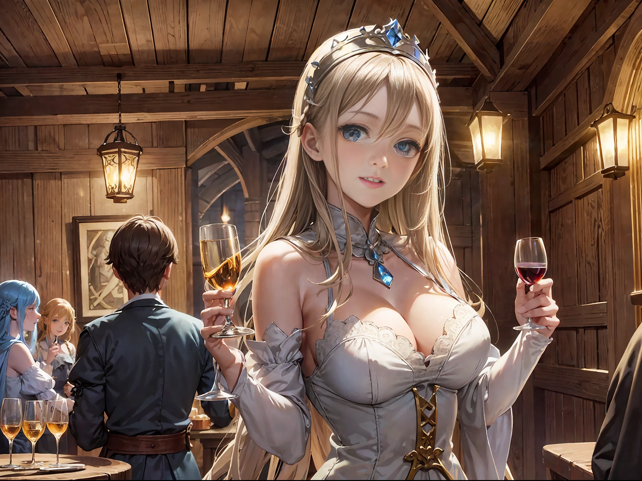 Luminescence，Inside an old tavern in medieval England，Petite and beautiful tavern girl，Giant breasts, narrow waist, medieval long dress，Half chest exposed，Holding a wooden wine glass and laughing with a group of male guests，Candle light and shadow，Cinematic lighting，Soft focus effect，Detailed and complex background， Baroque style，Renaissance art ，realistic, Track focus，Fill light， Welcoming atmosphere，Place is dirty，confusion，