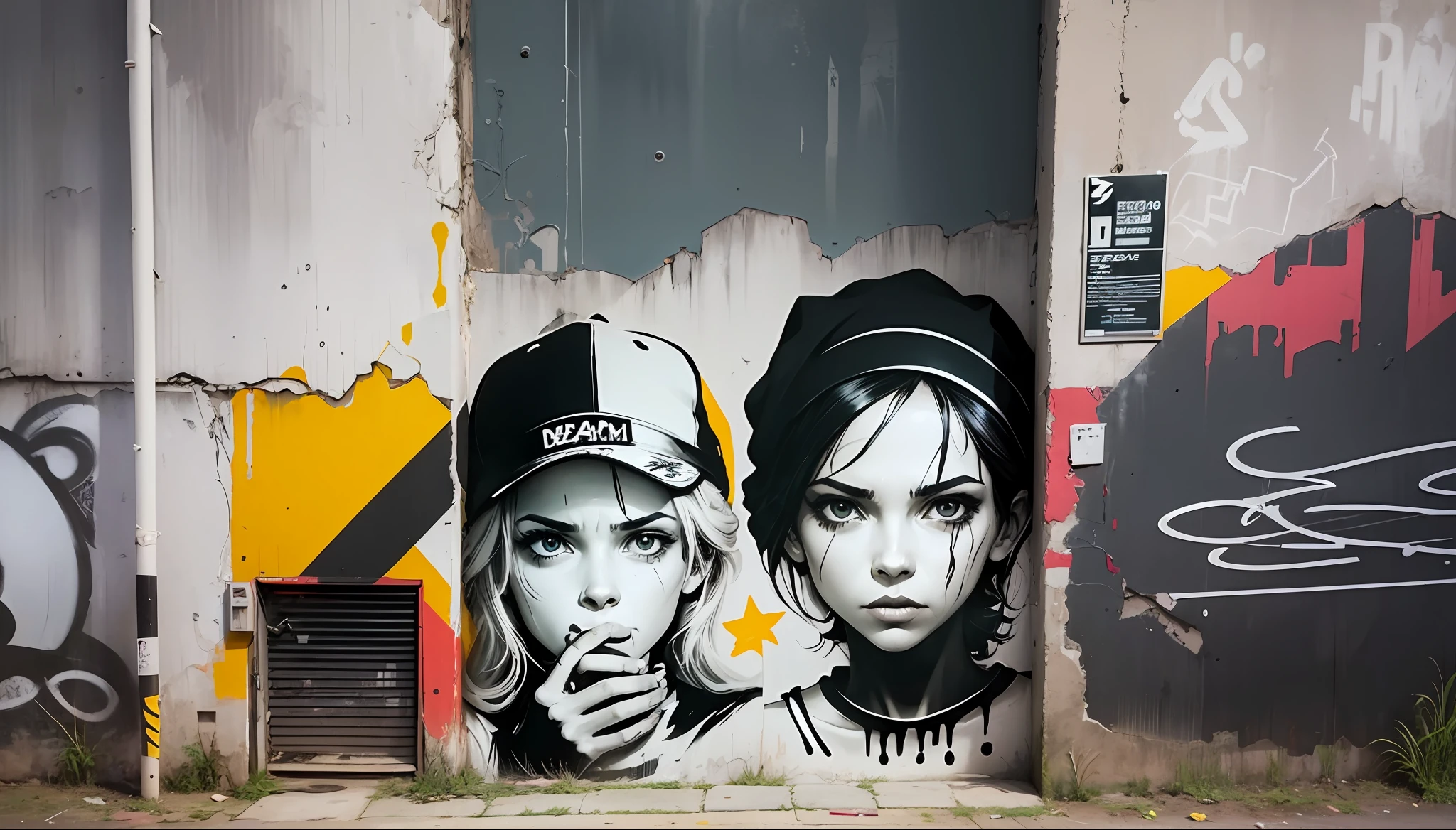 Crie uma imagem no estilo de Banksy que mostre uma mensagem socialmente relevante. Use a monochrome color scheme with a focus on graffiti-style text and bold images to create a striking and thought-provoking scene. Use stencil-like elements to create a realistic, detailed scene that captures the essence of Banksy's signature style. Adicione peso ao texto para enfatizar a mensagem da arte. --auto --s2
