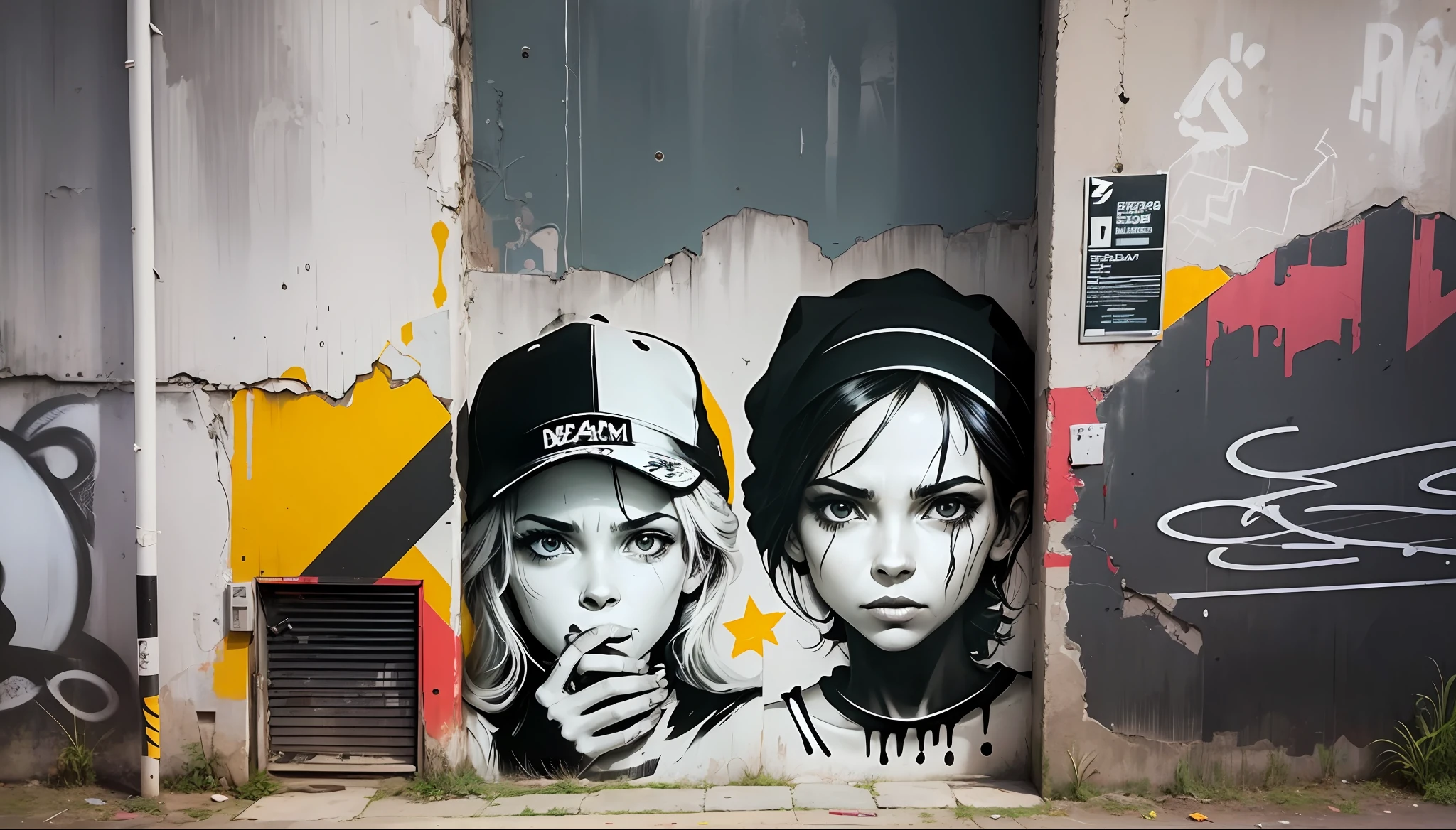 Crie uma imagem no estilo de Banksy que mostre uma mensagem socialmente relevante. Use a monochrome color scheme with a focus on graffiti-style text and bold images to create a striking and thought-provoking scene. Use stencil-like elements to create a realistic, detailed scene that captures the essence of Banksy's signature style. Adicione peso ao texto para enfatizar a mensagem da arte. --auto --s2