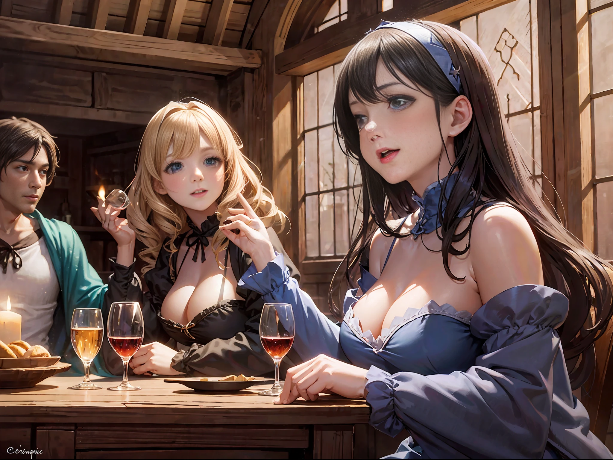 Luminescence,Inside an old tavern in medieval England,Petite and beautiful tavern girl,Giant breasts, narrow waist, medieval long dress,Half chest exposed,Holding a wooden wine glass and laughing with a group of male guests,Candle light and shadow,Cinematic lighting,Soft focus effect,Detailed and complex background, Baroque style,Renaissance art ,realistic, Track focus,Fill light, Welcoming atmosphere,Place is dirty,confusion,